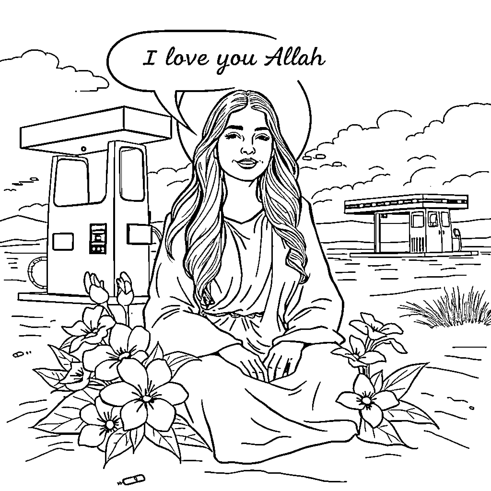 Lana Del Rey meditating with flowers in a serene landscape Coloring Page (free black-and-white line drawing printable PDF for all, from beginners to advanced learners, including children, teens, adults, and seniors)