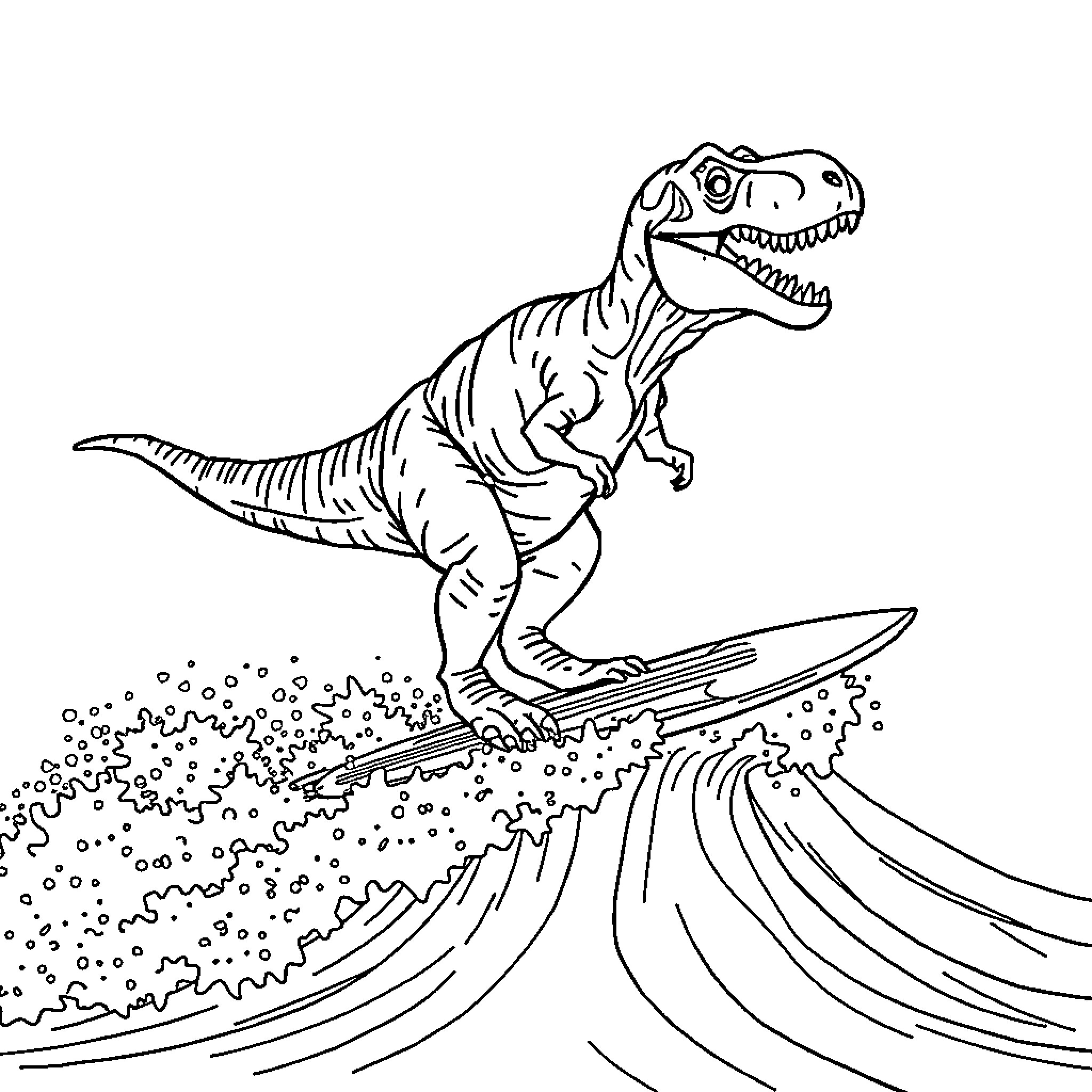 Tyrannosaurus Rex surfing on a wave Coloring Page (free black-and-white line drawing printable PDF for all, from beginners to advanced learners, including children, teens, adults, and seniors)