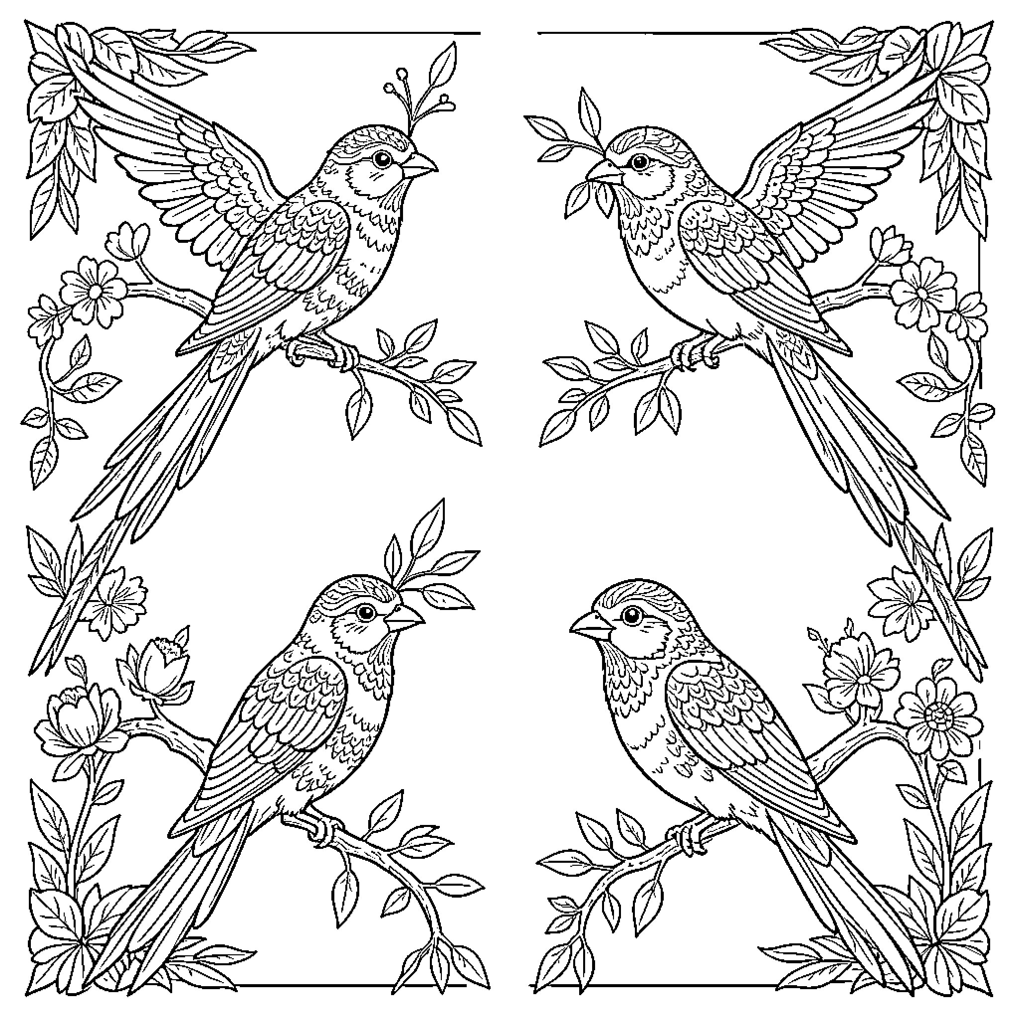 Birds in floral surroundings Coloring Page (free black-and-white line drawing printable PDF for all, from beginners to advanced learners, including children, teens, adults, and seniors)