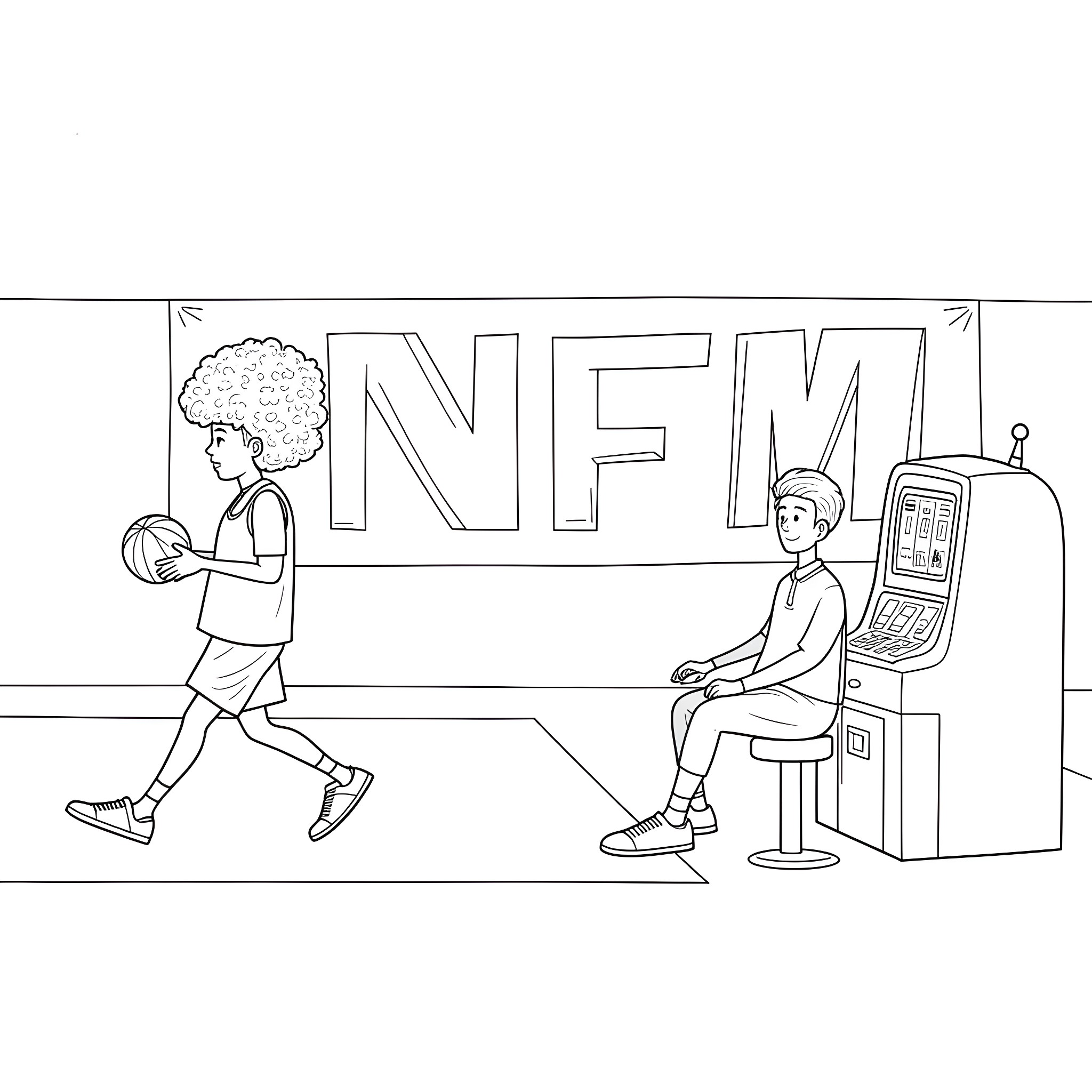 Basketball players in a casual setting Coloring Page (free black-and-white line drawing printable PDF for all, from beginners to advanced learners, including children, teens, adults, and seniors)