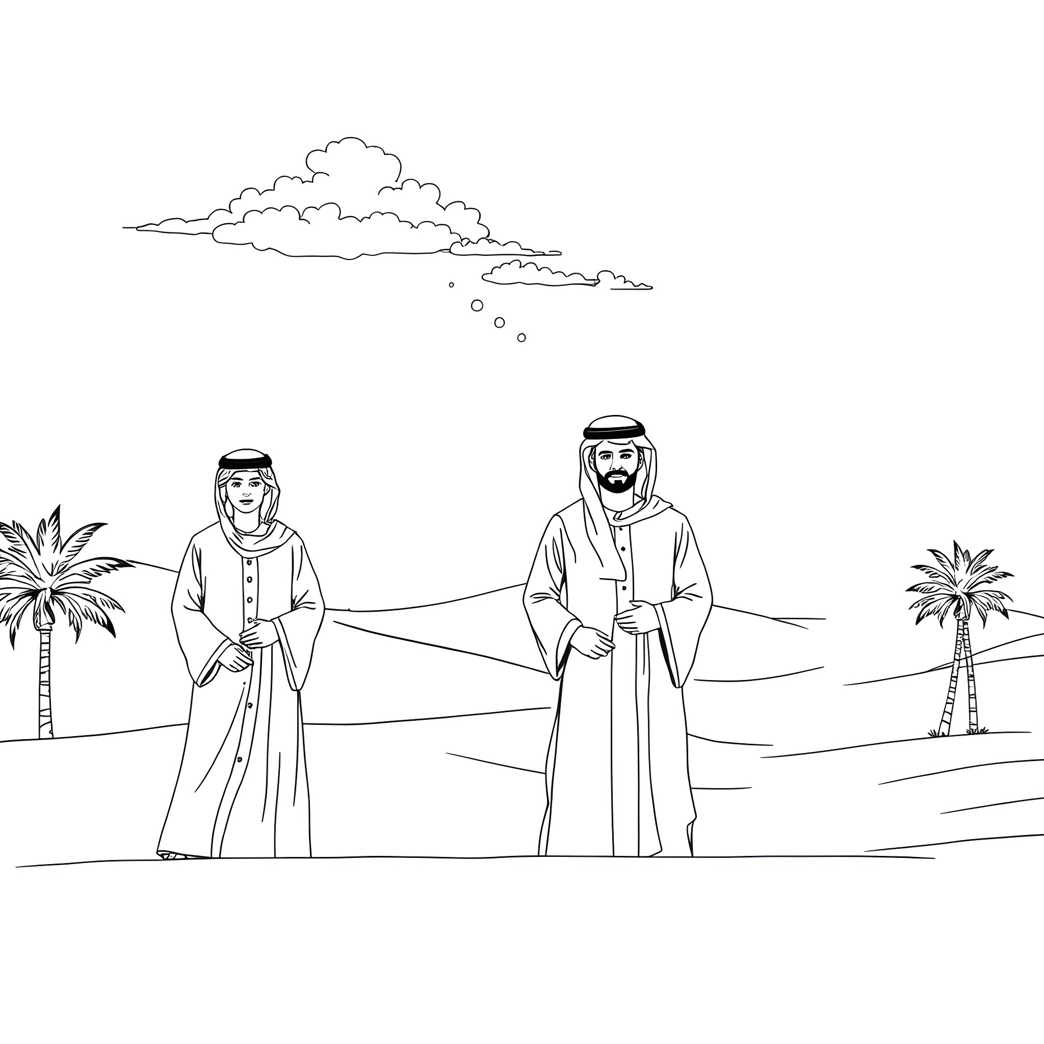Emirates Clothing: Traditional Middle Eastern Attire in a Desert Landscape Coloring Page (free black-and-white line drawing printable PDF for all, from beginners to advanced learners, including children, teens, adults, and seniors)