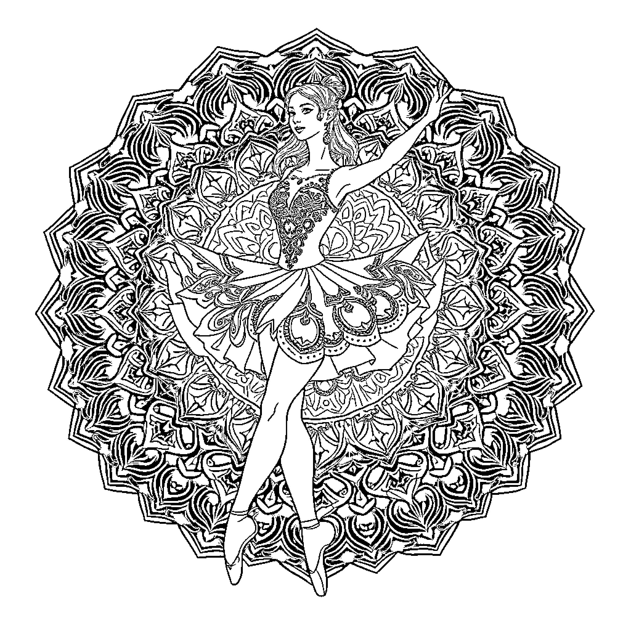 Ballerina performing graceful dance on intricate mandala Coloring Page (free black-and-white line drawing printable PDF for all, from beginners to advanced learners, including children, teens, adults, and seniors)