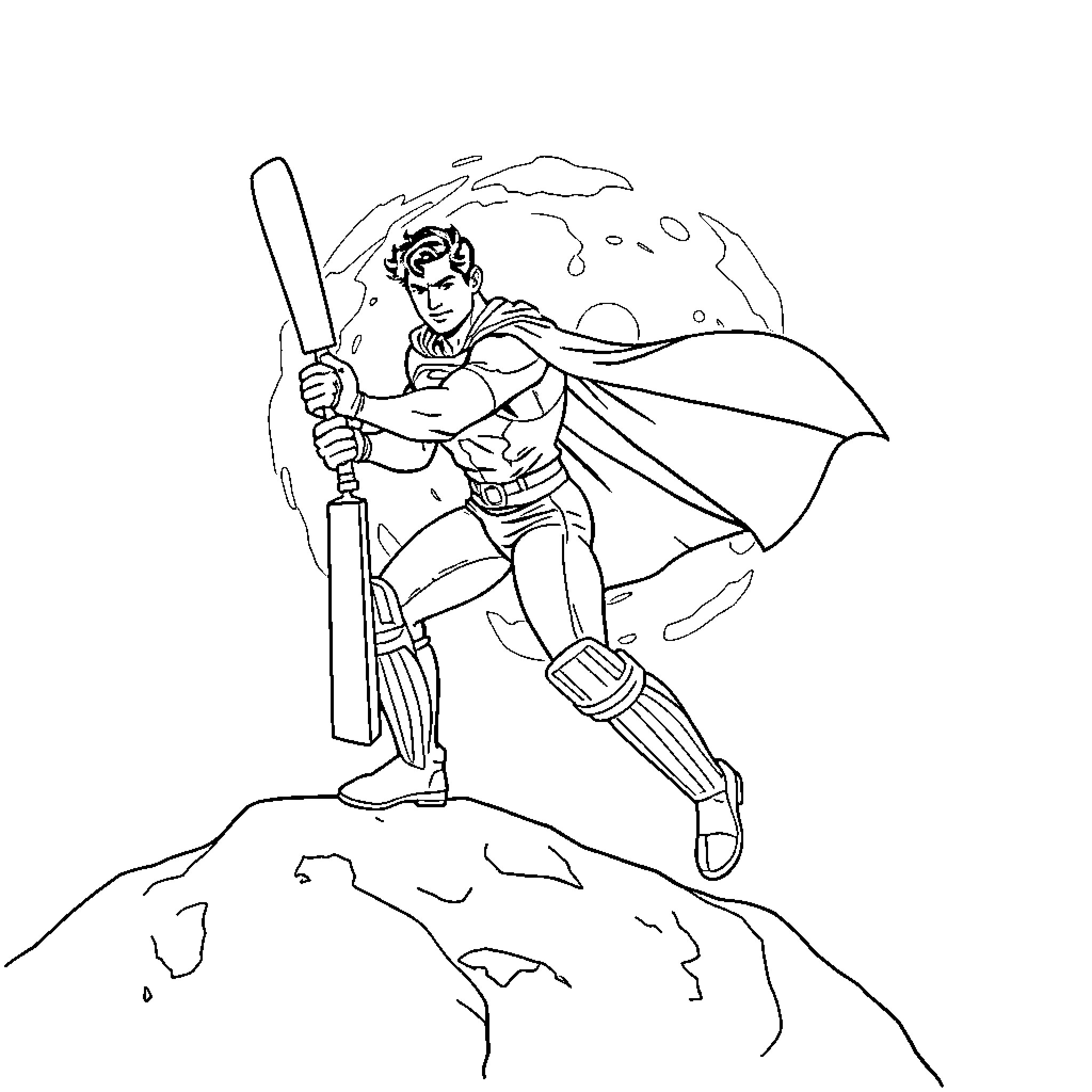 Superman Flying with Heroic Pose on Cliff Coloring Page (free black-and-white line drawing printable PDF for all, from beginners to advanced learners, including children, teens, adults, and seniors)