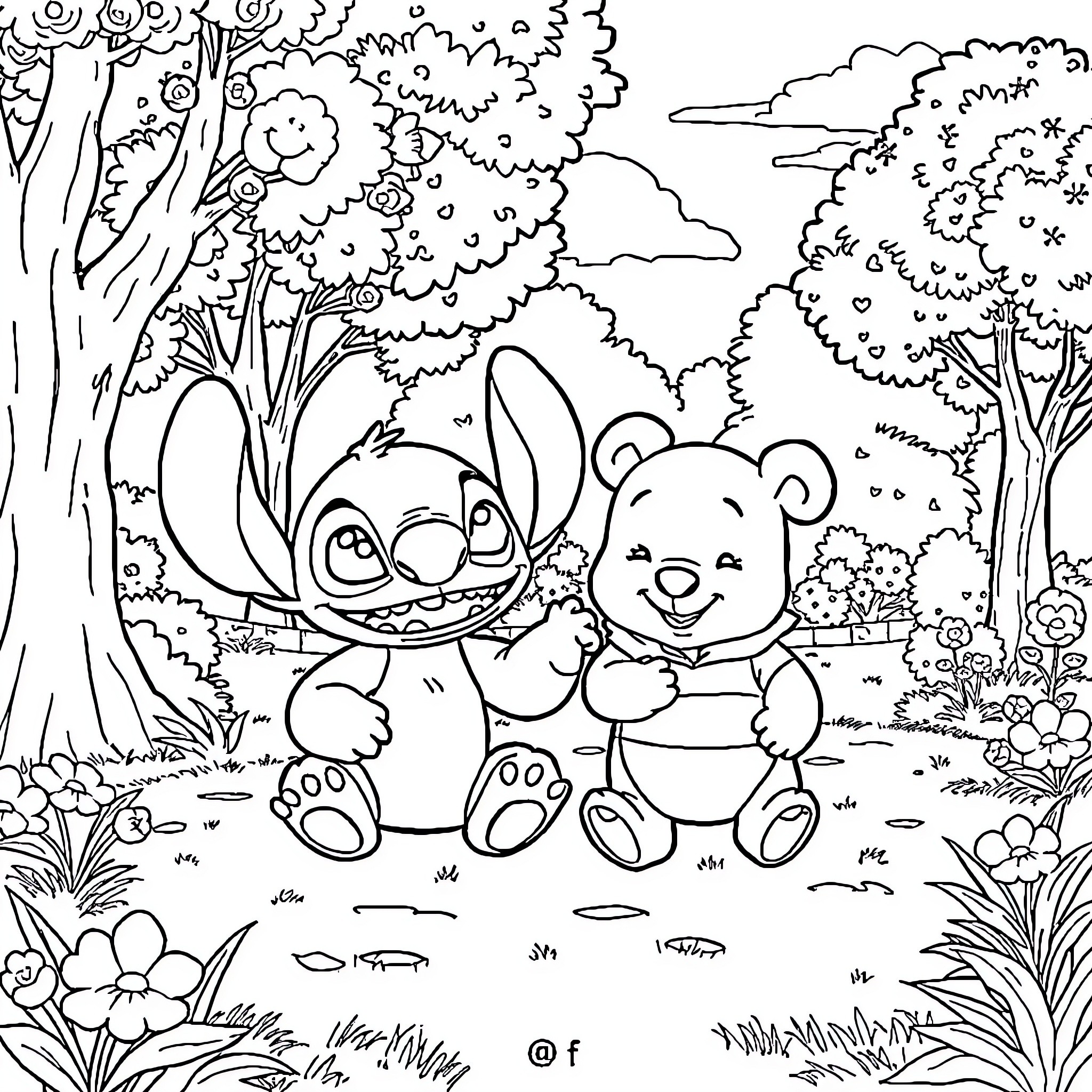 Stitch and Teddy Bear Playing in the Forest Coloring Page (free black-and-white line drawing printable PDF for all, from beginners to advanced learners, including children, teens, adults, and seniors)