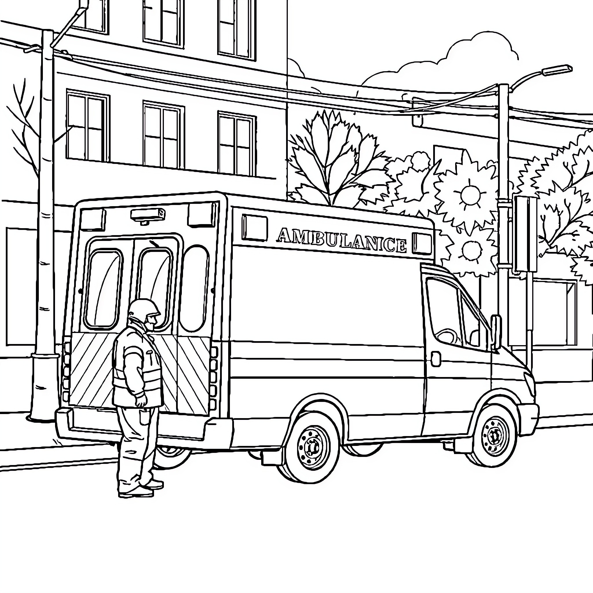 Ambulance responding to emergency scene Coloring Page (free black-and-white line drawing printable PDF for all, from beginners to advanced learners, including children, teens, adults, and seniors)