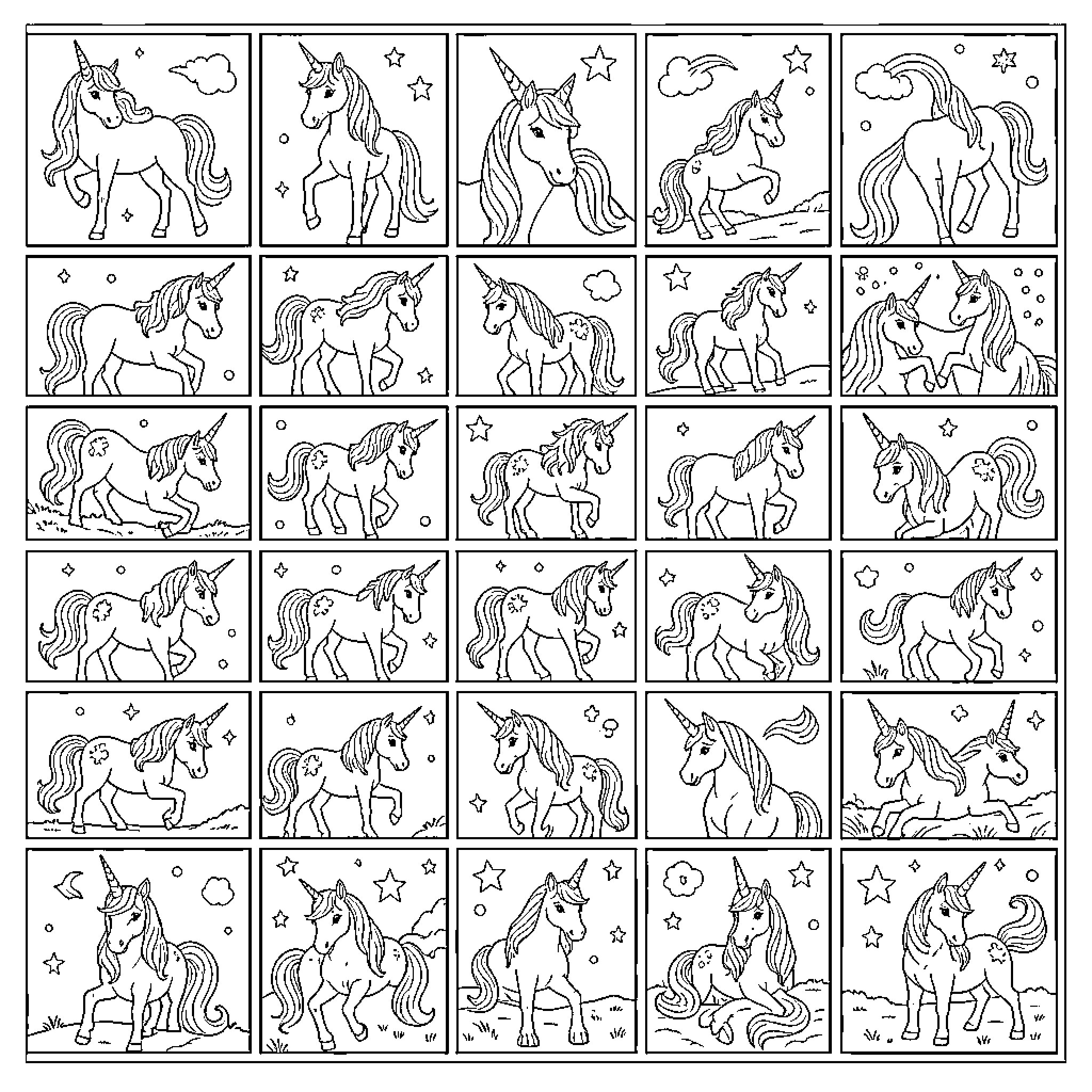 Unicorn Coloring Page: Variety of Unicorn Poses and Scenes Coloring Page (free black-and-white line drawing printable PDF for all, from beginners to advanced learners, including children, teens, adults, and seniors)