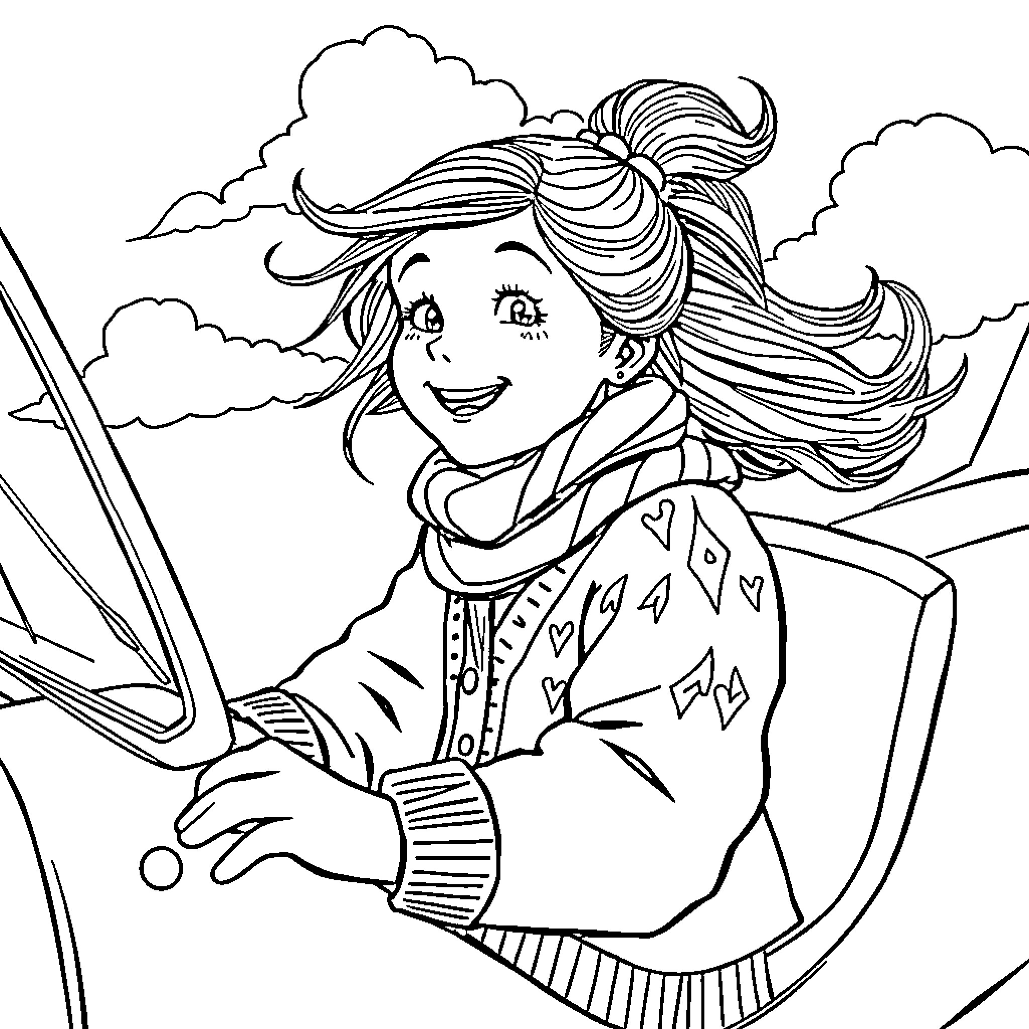 Girl exploring the windy outdoors Coloring Page (free black-and-white line drawing printable PDF for all, from beginners to advanced learners, including children, teens, adults, and seniors)