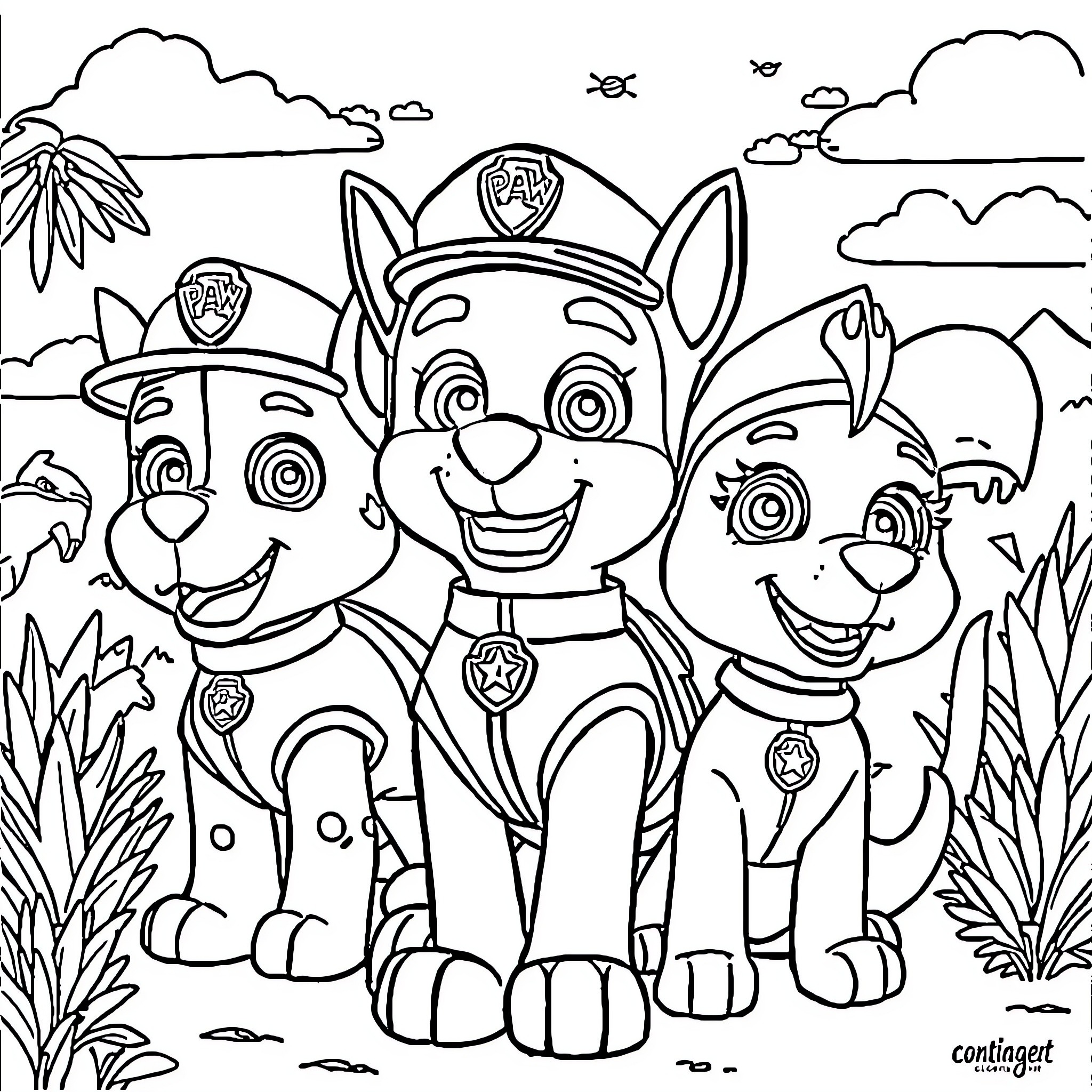 Paw Patrol Puppies in Action on Adventure Coloring Page (free black-and-white line drawing printable PDF for all, from beginners to advanced learners, including children, teens, adults, and seniors)