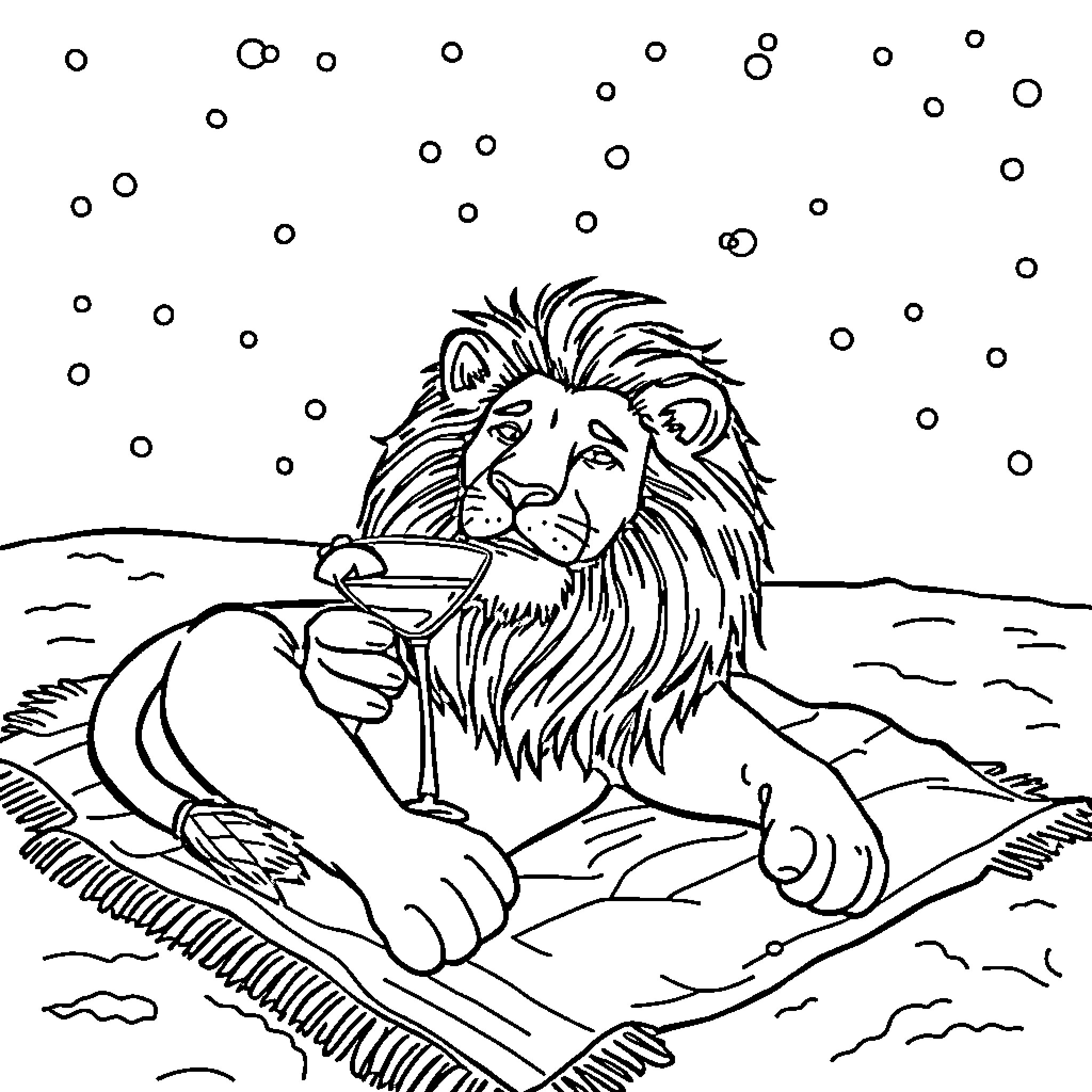 Lion enjoying a relaxing day in the wilderness Coloring Page (free black-and-white line drawing printable PDF for all, from beginners to advanced learners, including children, teens, adults, and seniors)