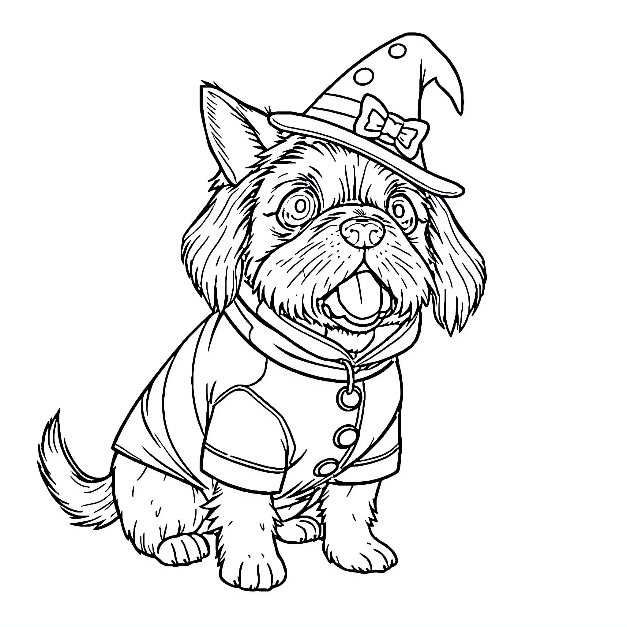 Dog wearing a witch hat and costume Coloring Page (free black-and-white line drawing printable PDF for all, from beginners to advanced learners, including children, teens, adults, and seniors)