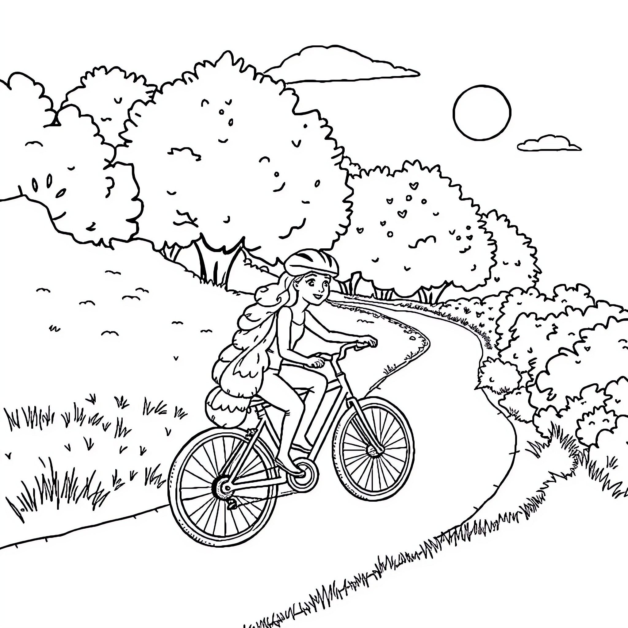 Spongebob happily riding a bicycle on a scenic path Coloring Page (free black-and-white line drawing printable PDF for all, from beginners to advanced learners, including children, teens, adults, and seniors)