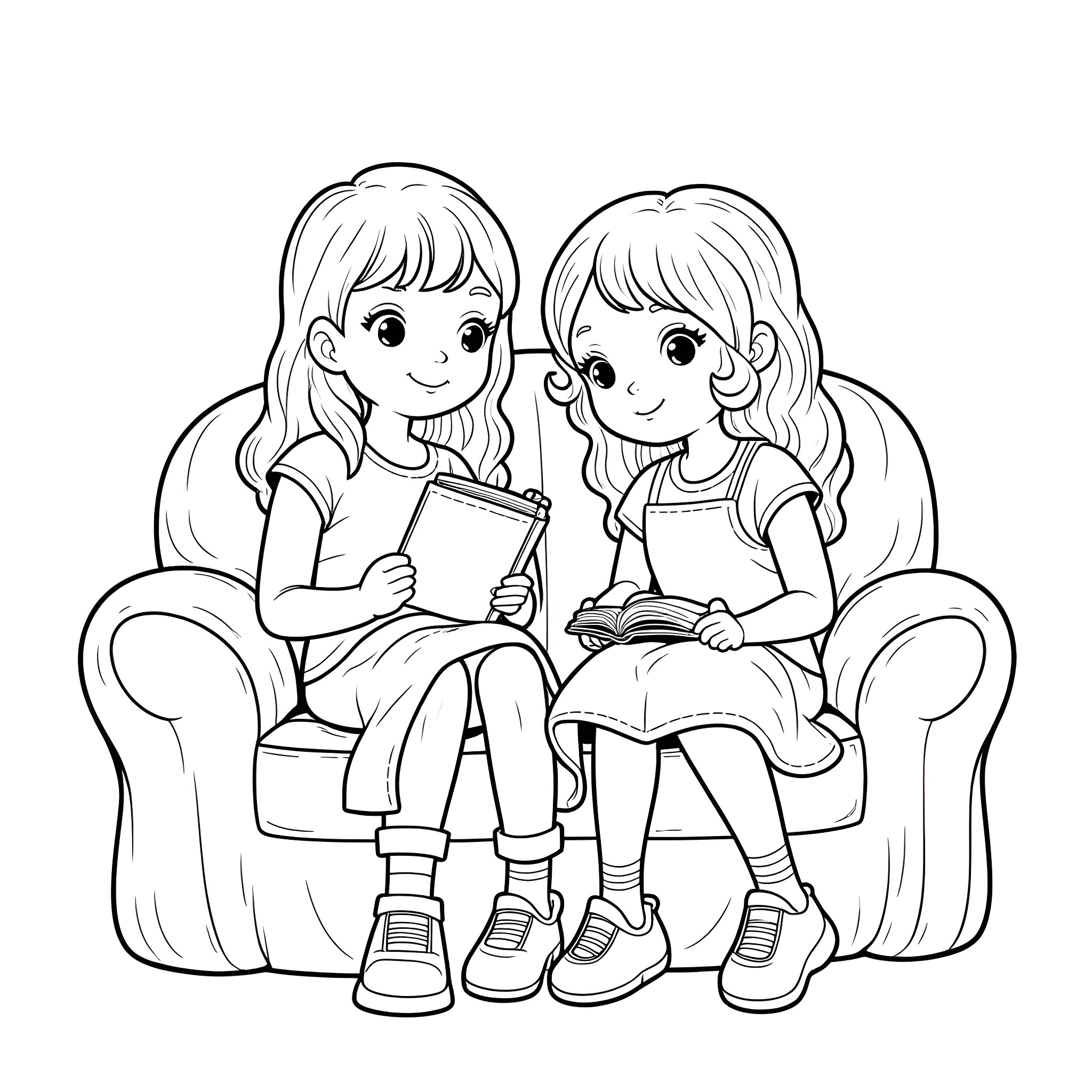 Judy and her friend studying together Coloring Page (free black-and-white line drawing printable PDF for all, from beginners to advanced learners, including children, teens, adults, and seniors)