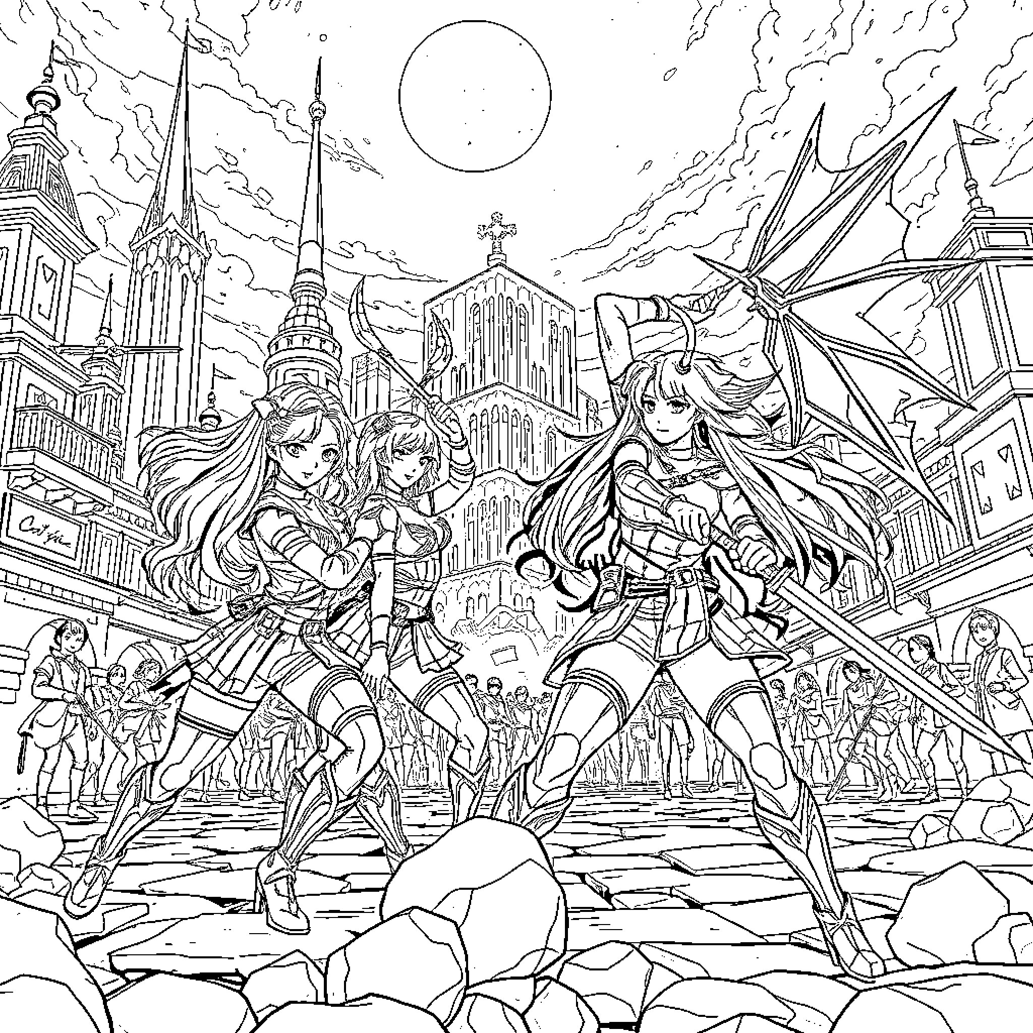 Guerrera: Fierce Heroines in Epic Cityscape Coloring Page (free black-and-white line drawing printable PDF for all, from beginners to advanced learners, including children, teens, adults, and seniors)