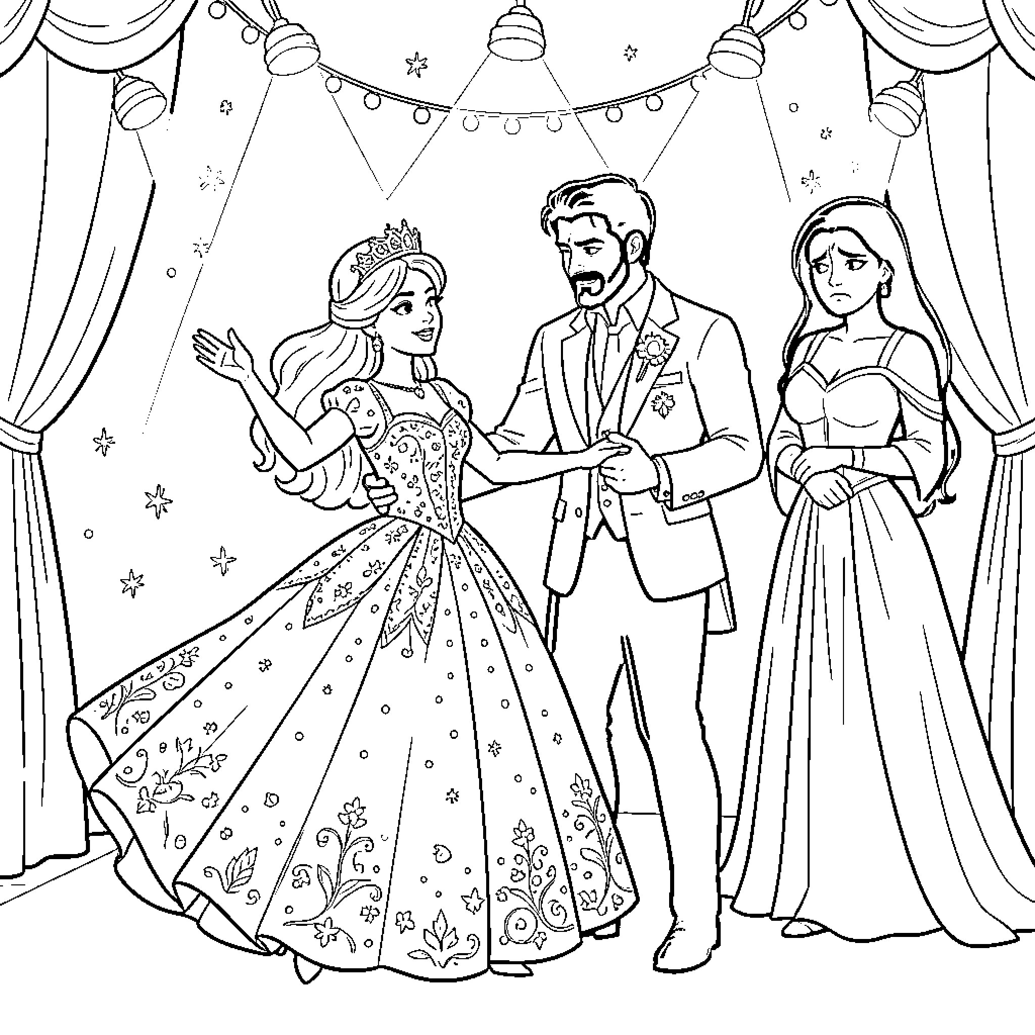 Princess Celebrates Her Wedding Day with Family Coloring Page (free black-and-white line drawing printable PDF for all, from beginners to advanced learners, including children, teens, adults, and seniors)