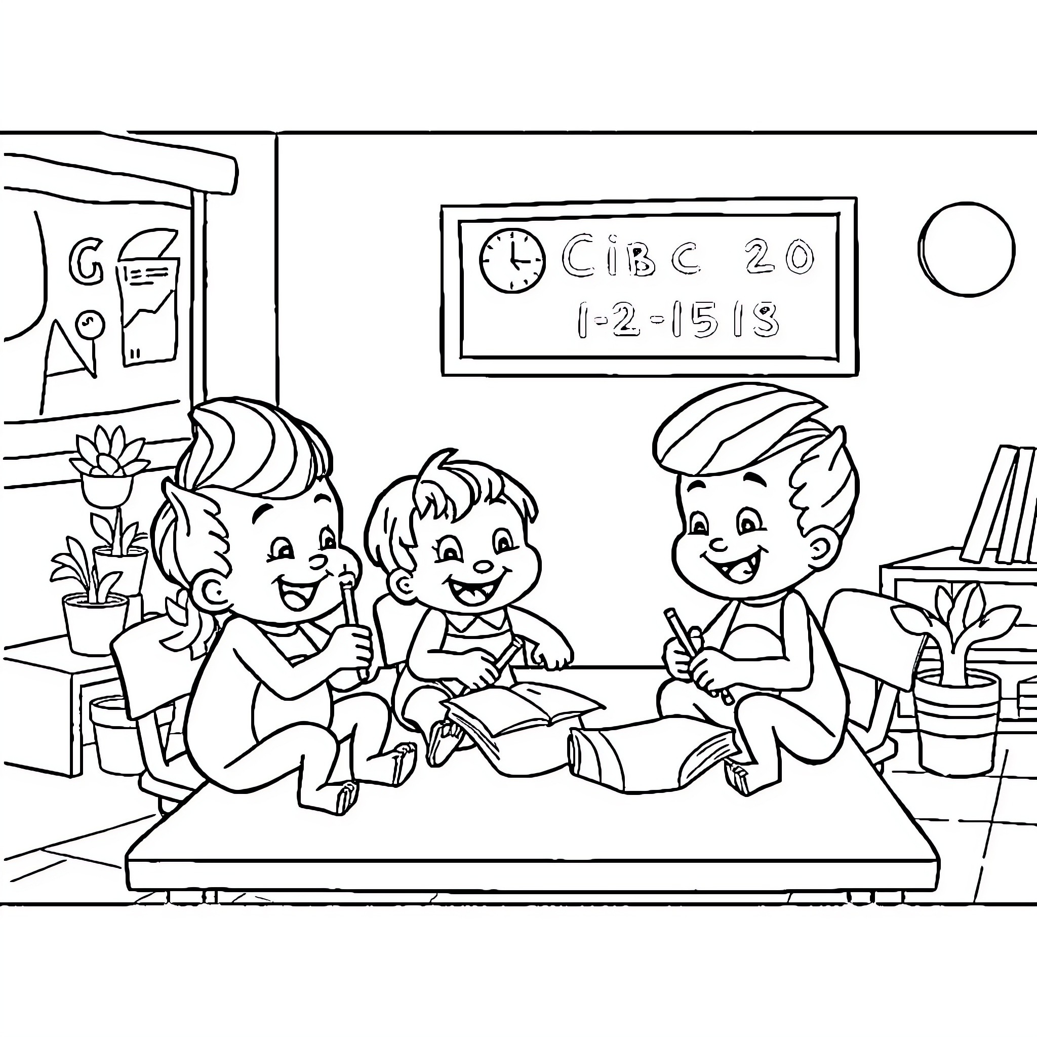 Sprunkie's Classroom Activities Coloring Page (free black-and-white line drawing printable PDF for all, from beginners to advanced learners, including children, teens, adults, and seniors)