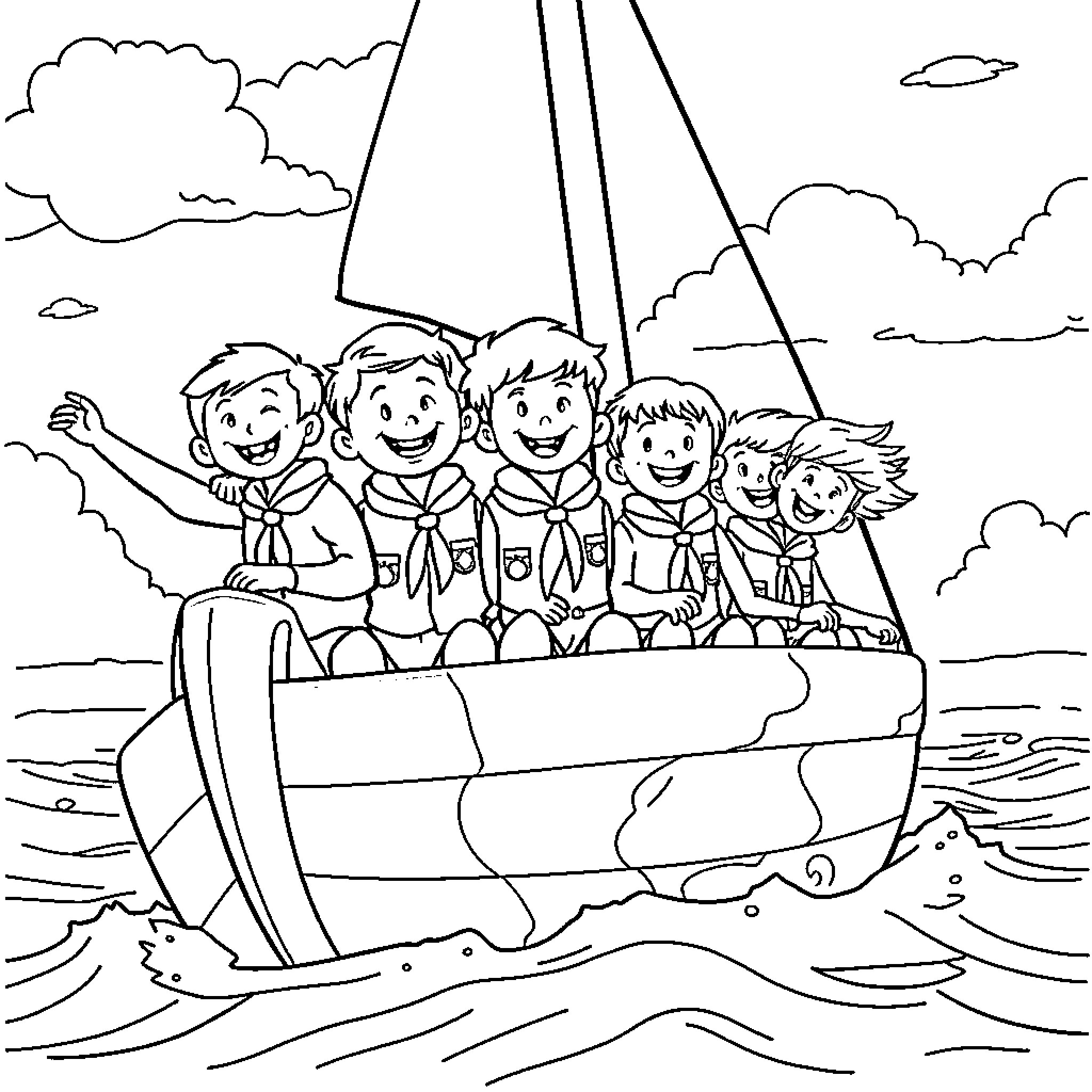 Cub Scouts on a sailing adventure Coloring Page (free black-and-white line drawing printable PDF for all, from beginners to advanced learners, including children, teens, adults, and seniors)