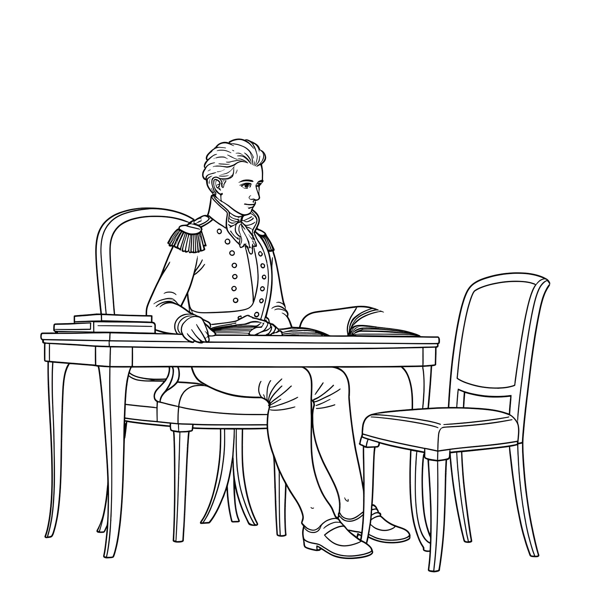 Napoleon in formal attire working at a desk Coloring Page (free black-and-white line drawing printable PDF for all, from beginners to advanced learners, including children, teens, adults, and seniors)