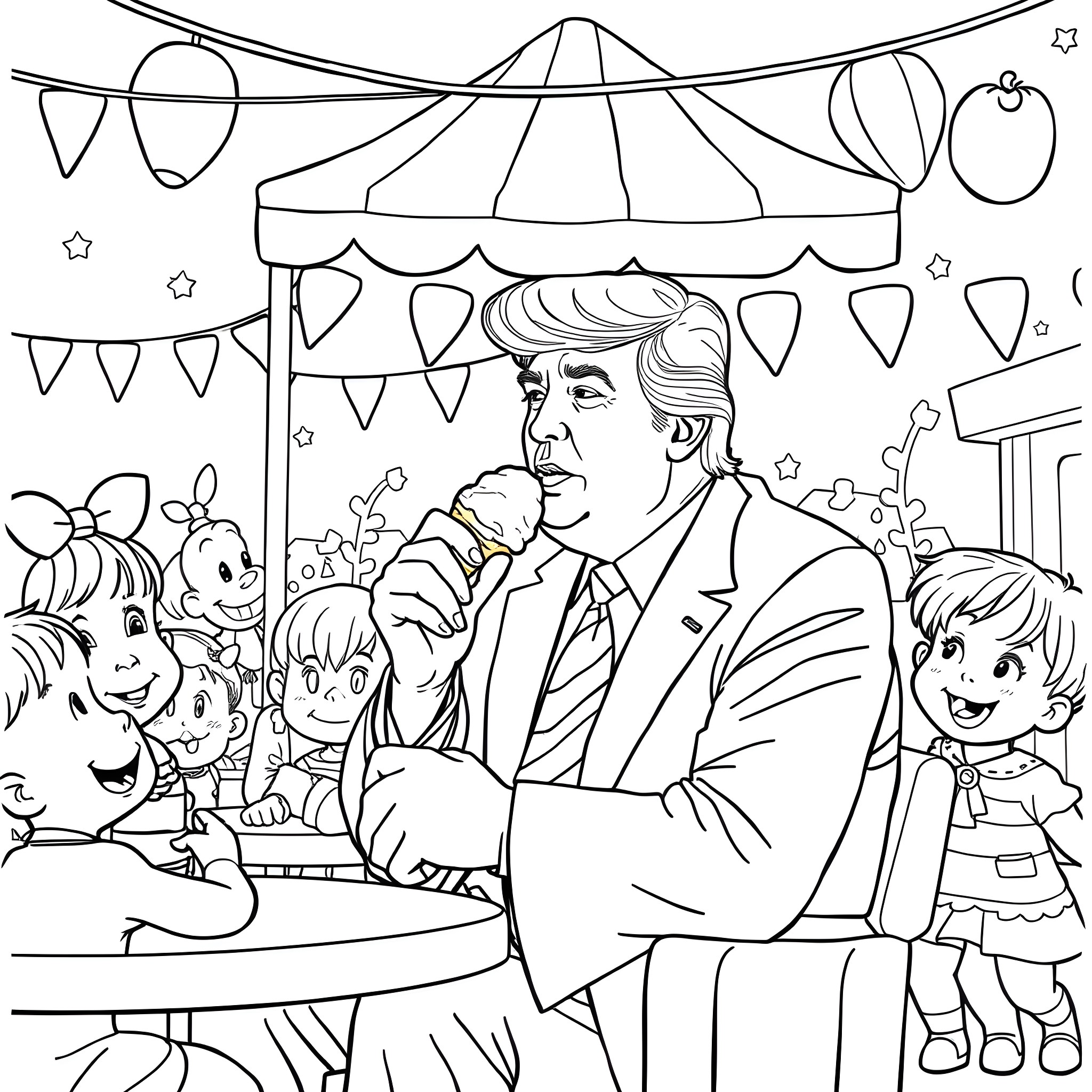 Trump Enjoying Carnival Celebration with Family Coloring Page (free black-and-white line drawing printable PDF for all, from beginners to advanced learners, including children, teens, adults, and seniors)