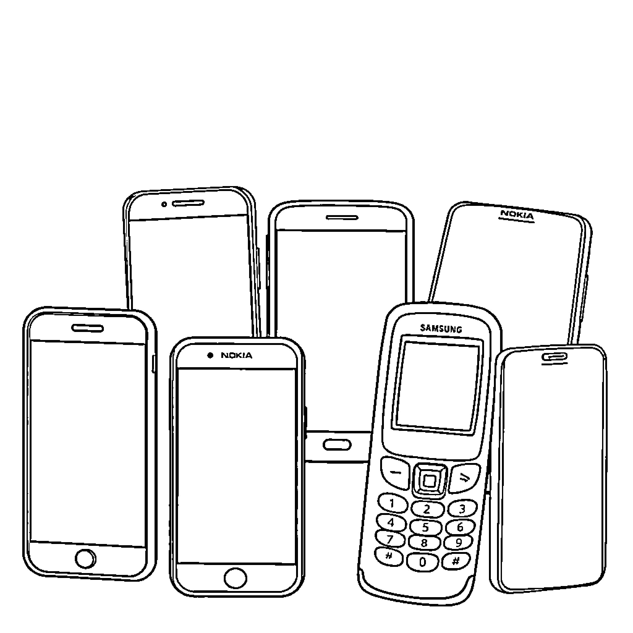 Cellphone designs with various shapes and features Coloring Page (free black-and-white line drawing printable PDF for all, from beginners to advanced learners, including children, teens, adults, and seniors)