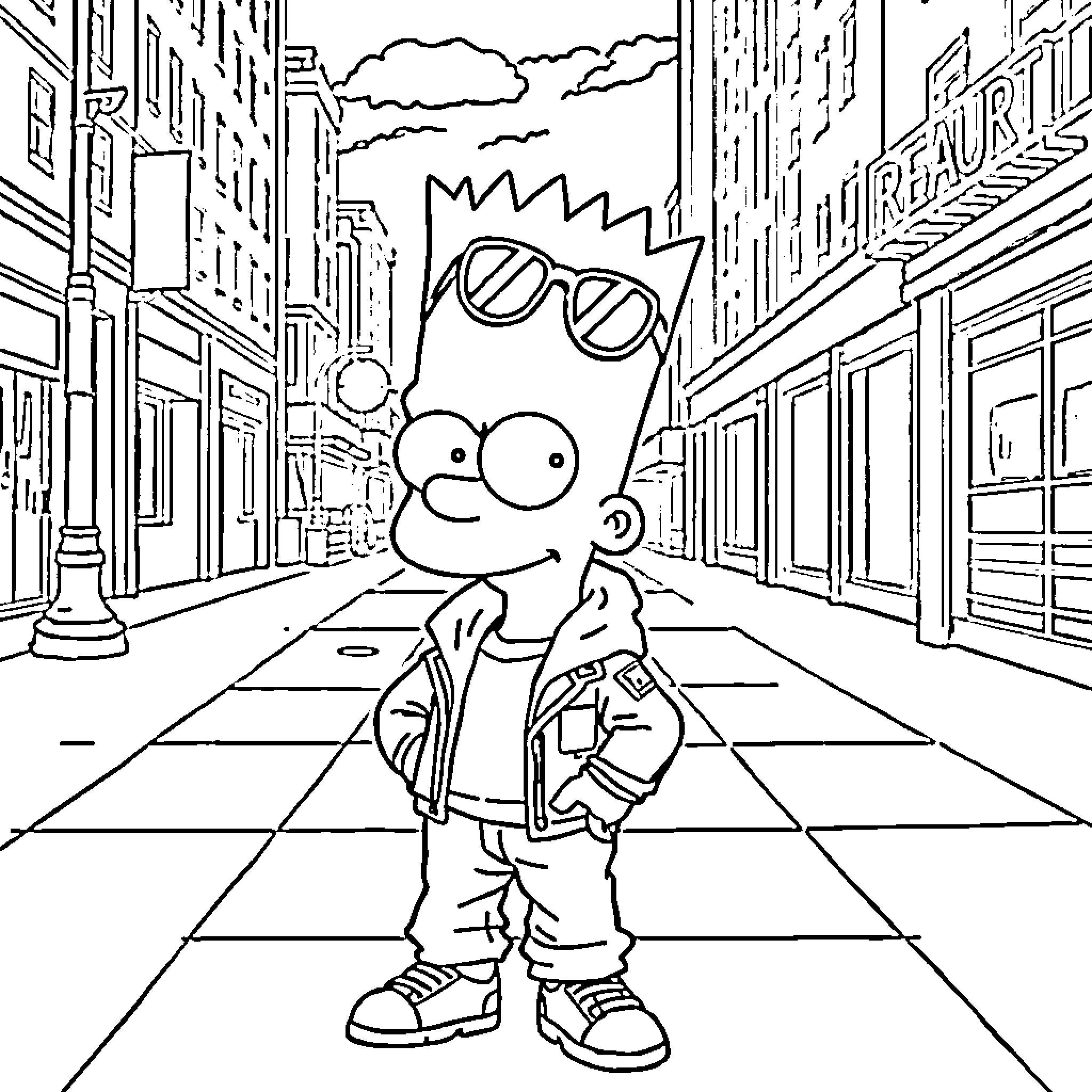 Bart Simpson exploring the city streets Coloring Page (free black-and-white line drawing printable PDF for all, from beginners to advanced learners, including children, teens, adults, and seniors)