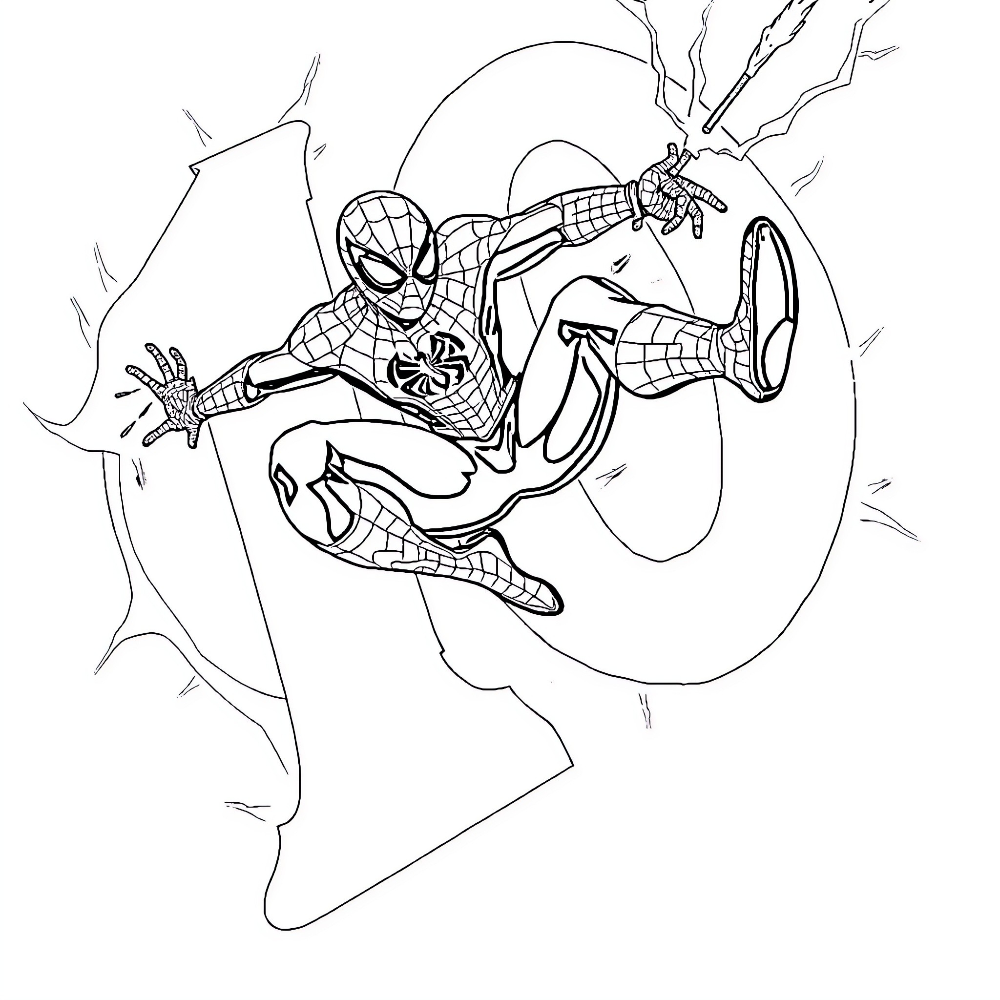 Spider-Man swinging into action in a dynamic pose Coloring Page (free black-and-white line drawing printable PDF for all, from beginners to advanced learners, including children, teens, adults, and seniors)