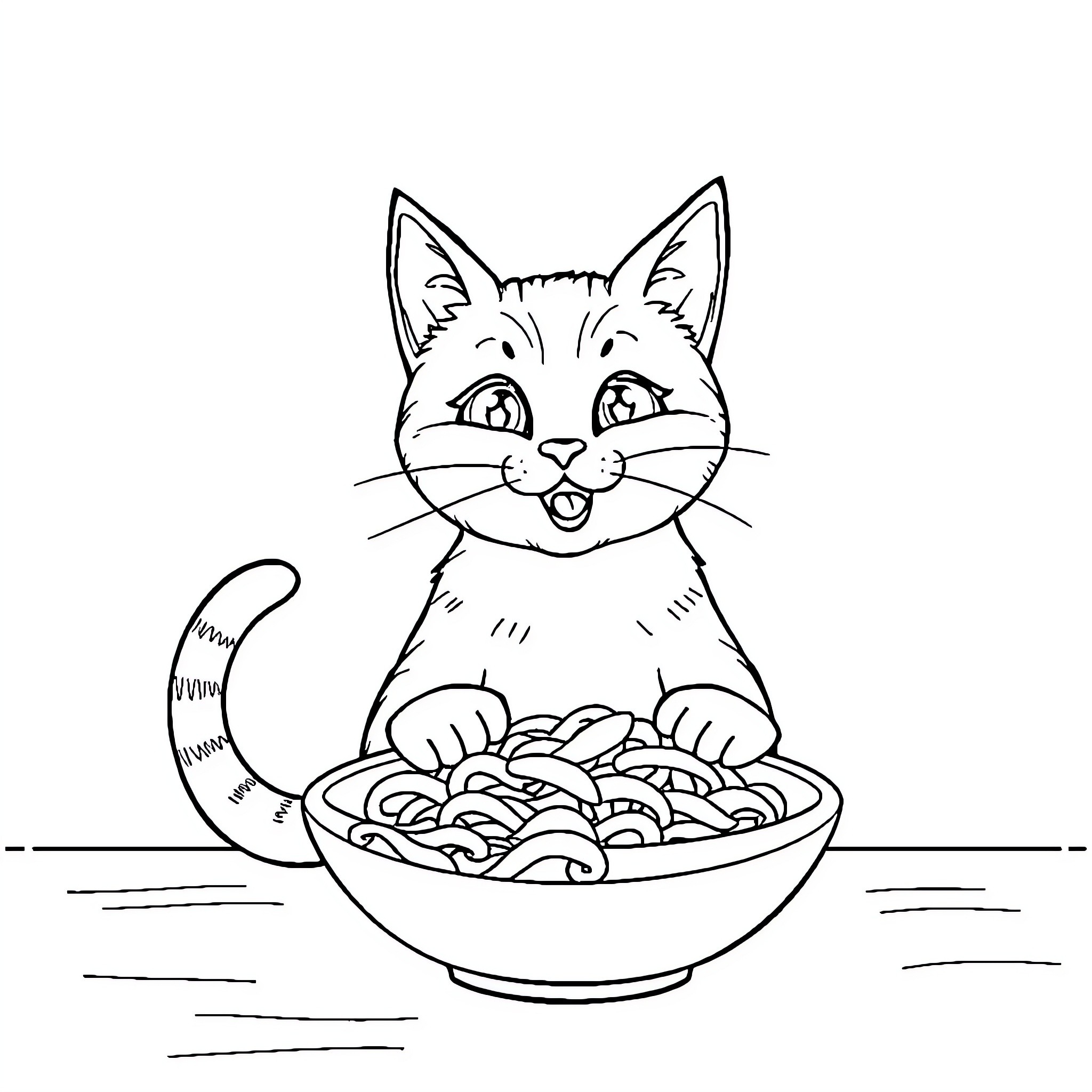 Cat eating a bowl of noodles Coloring Page (free black-and-white line drawing printable PDF for all, from beginners to advanced learners, including children, teens, adults, and seniors)