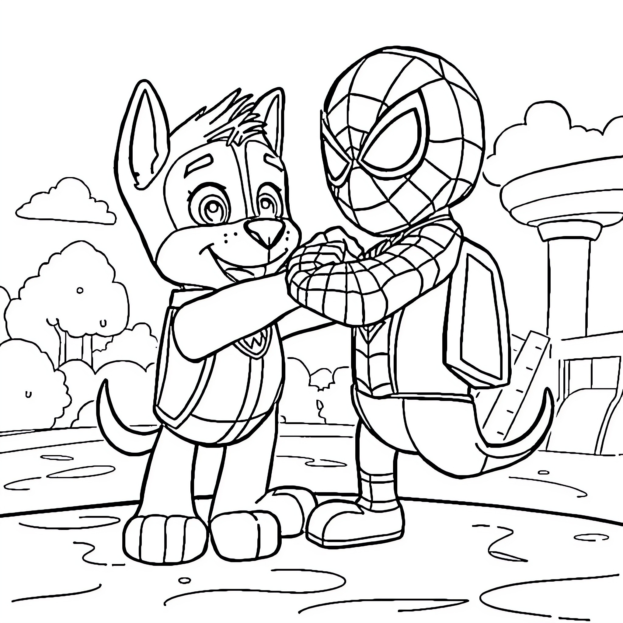 Chase the Superhero and Friendly Canine Coloring Page (free black-and-white line drawing printable PDF for all, from beginners to advanced learners, including children, teens, adults, and seniors)