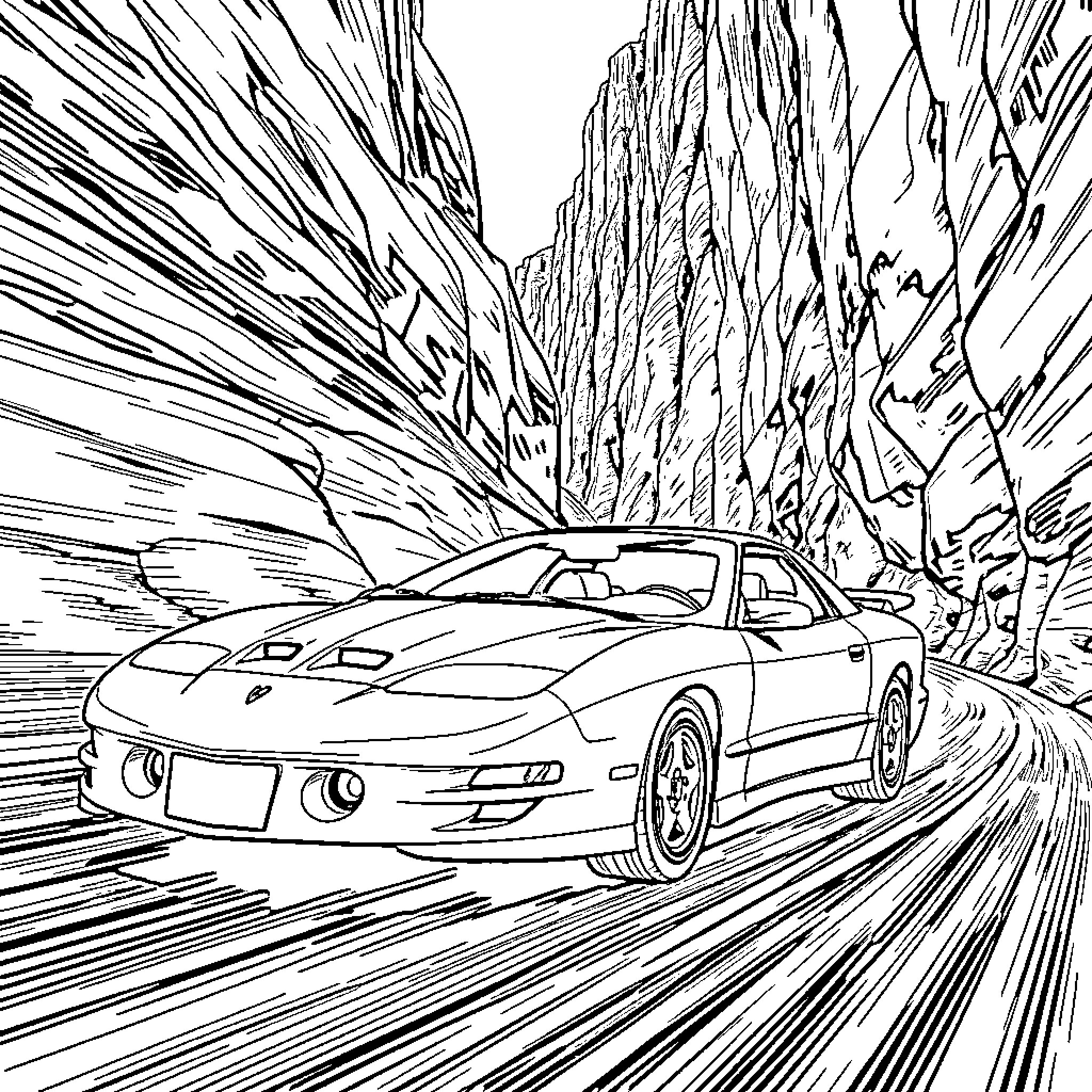 Firebird speeding through a rocky ravine Coloring Page (free black-and-white line drawing printable PDF for all, from beginners to advanced learners, including children, teens, adults, and seniors)