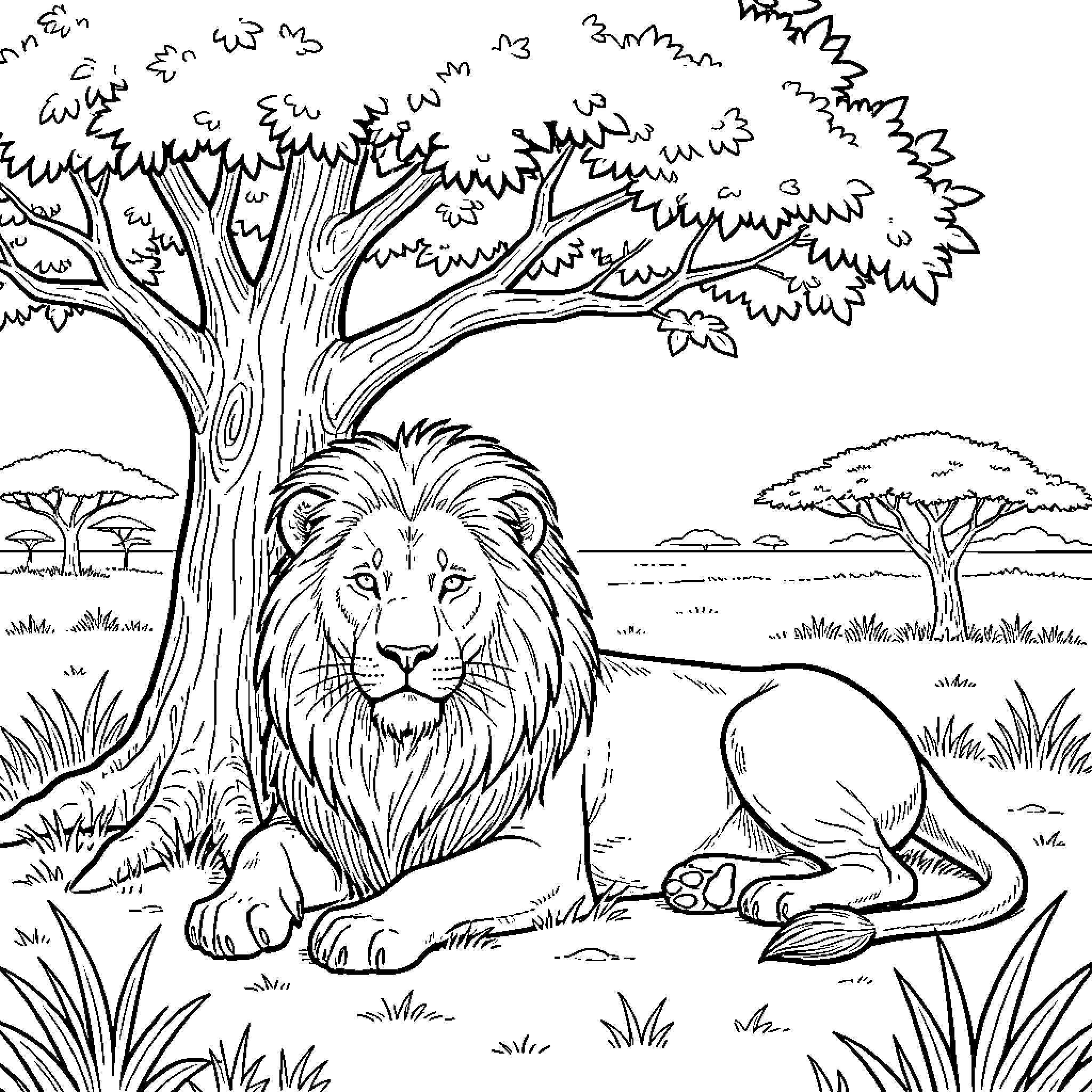 Lion resting in the serene African landscape Coloring Page (free black-and-white line drawing printable PDF for all, from beginners to advanced learners, including children, teens, adults, and seniors)