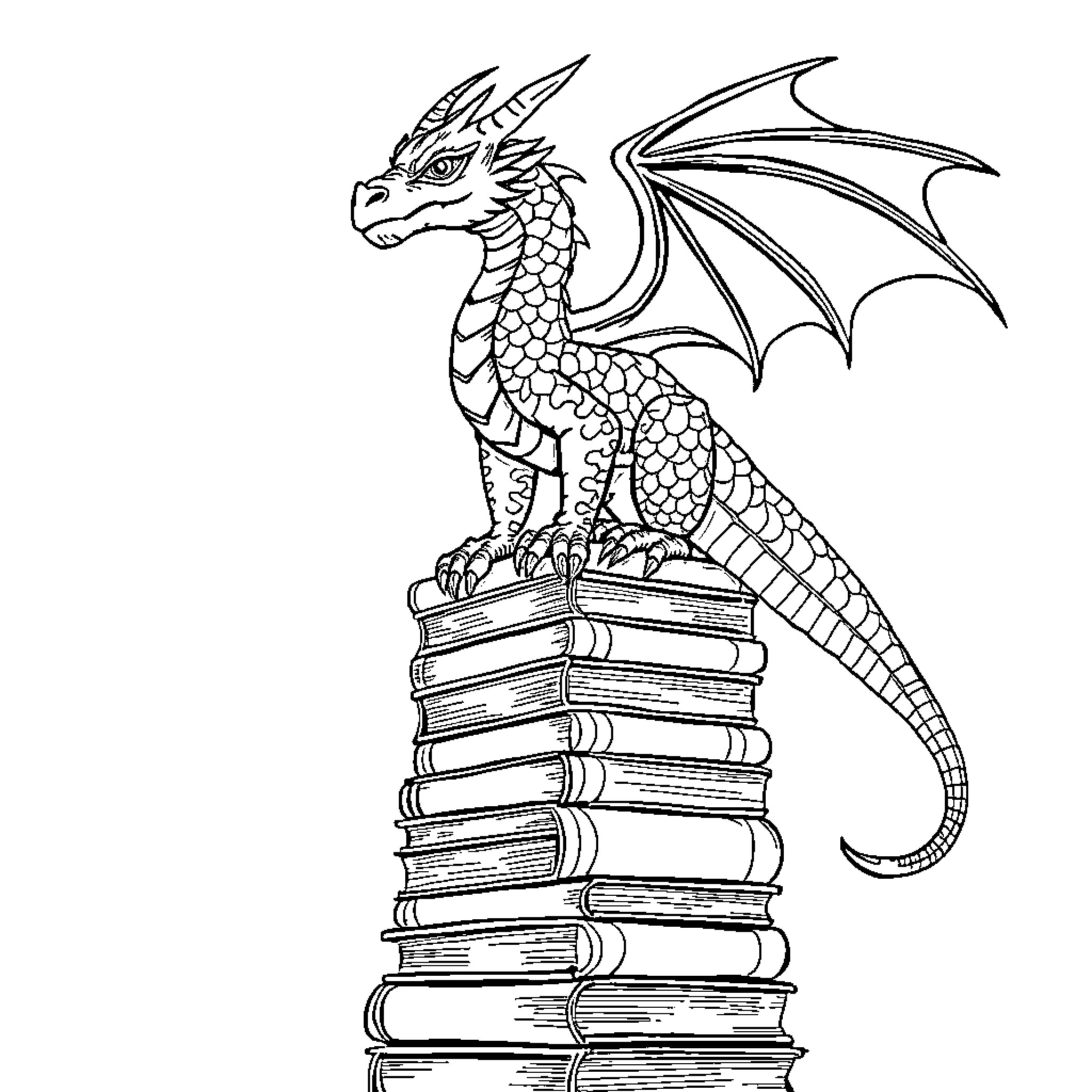 Dragon guarding a stack of books Coloring Page (free black-and-white line drawing printable PDF for all, from beginners to advanced learners, including children, teens, adults, and seniors)