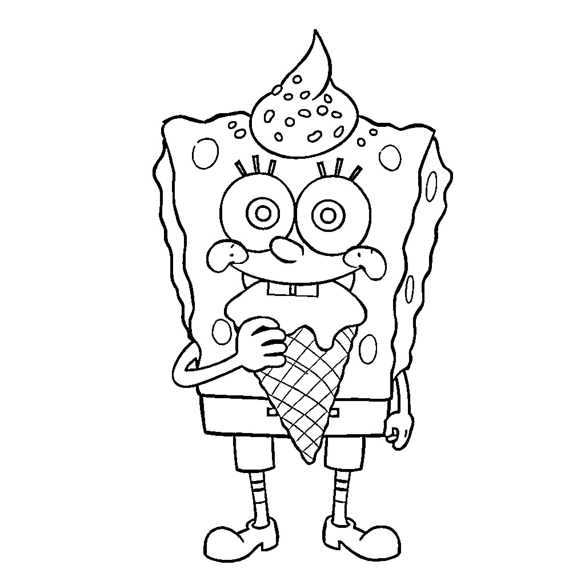 Spongebob enjoying an ice cream cone Coloring Page (free black-and-white line drawing printable PDF for all, from beginners to advanced learners, including children, teens, adults, and seniors)