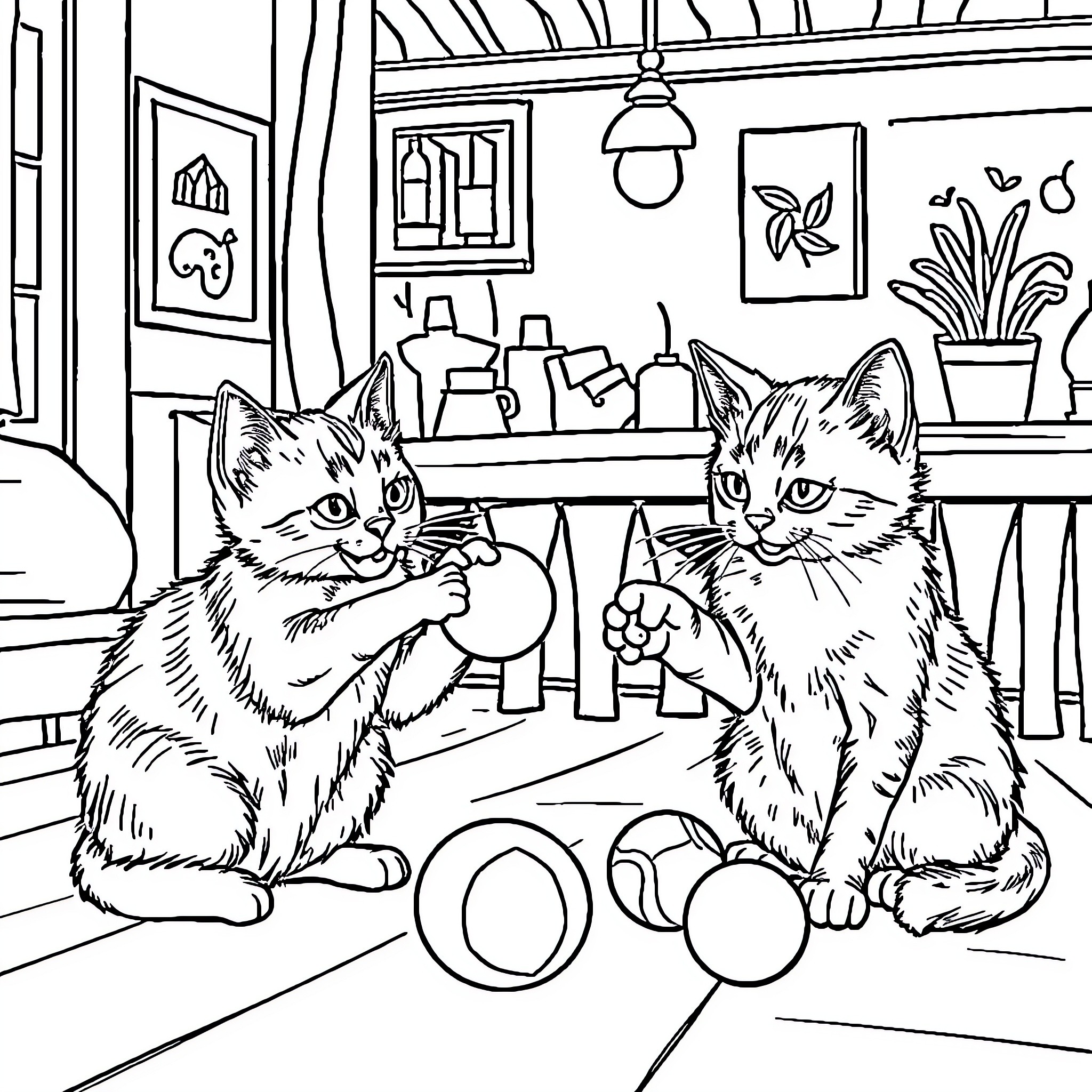 Cats playing with toys in a cozy room Coloring Page (free black-and-white line drawing printable PDF for all, from beginners to advanced learners, including children, teens, adults, and seniors)