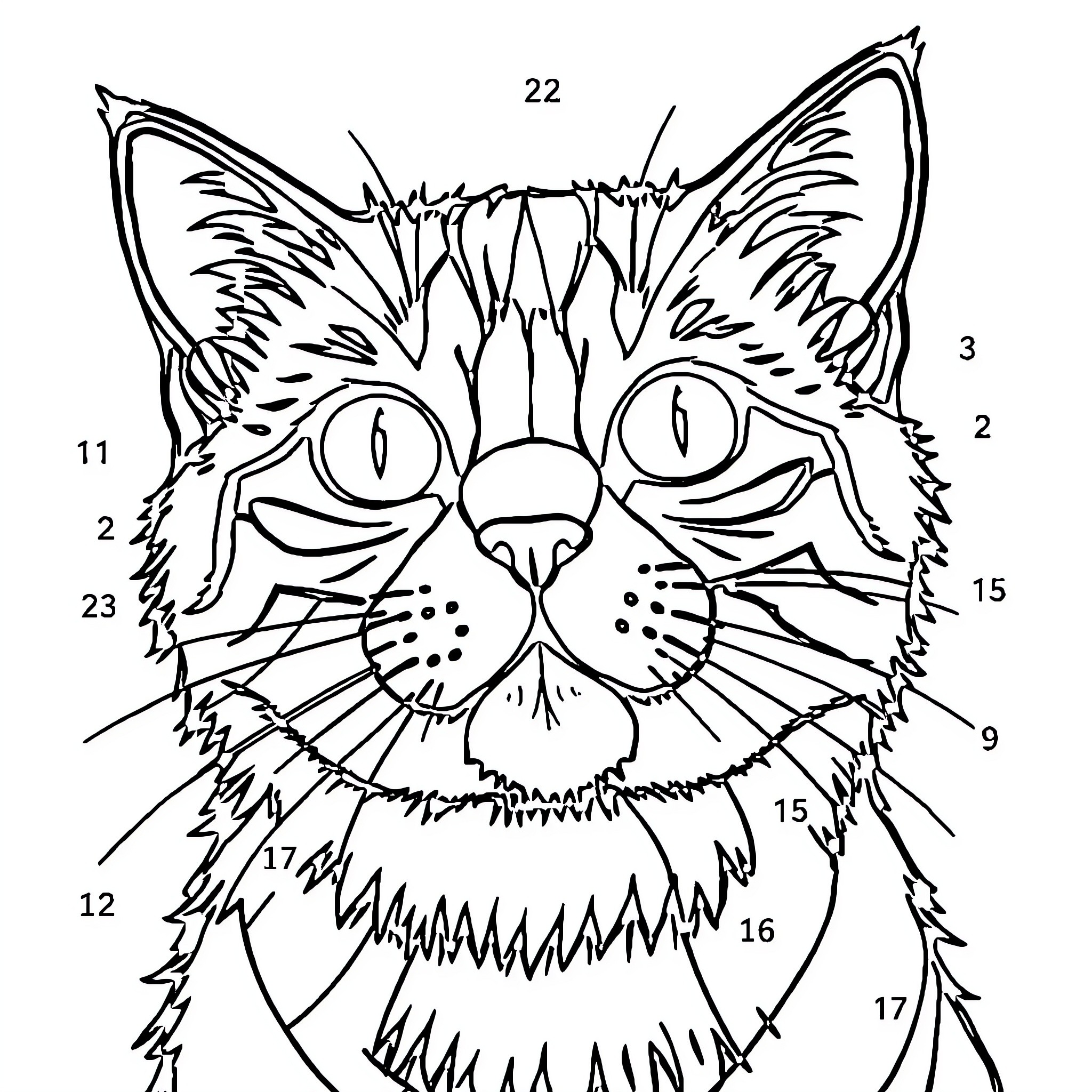 Cat with Expressive Face and Distinctive Fur Coloring Page (free black-and-white line drawing printable PDF for all, from beginners to advanced learners, including children, teens, adults, and seniors)