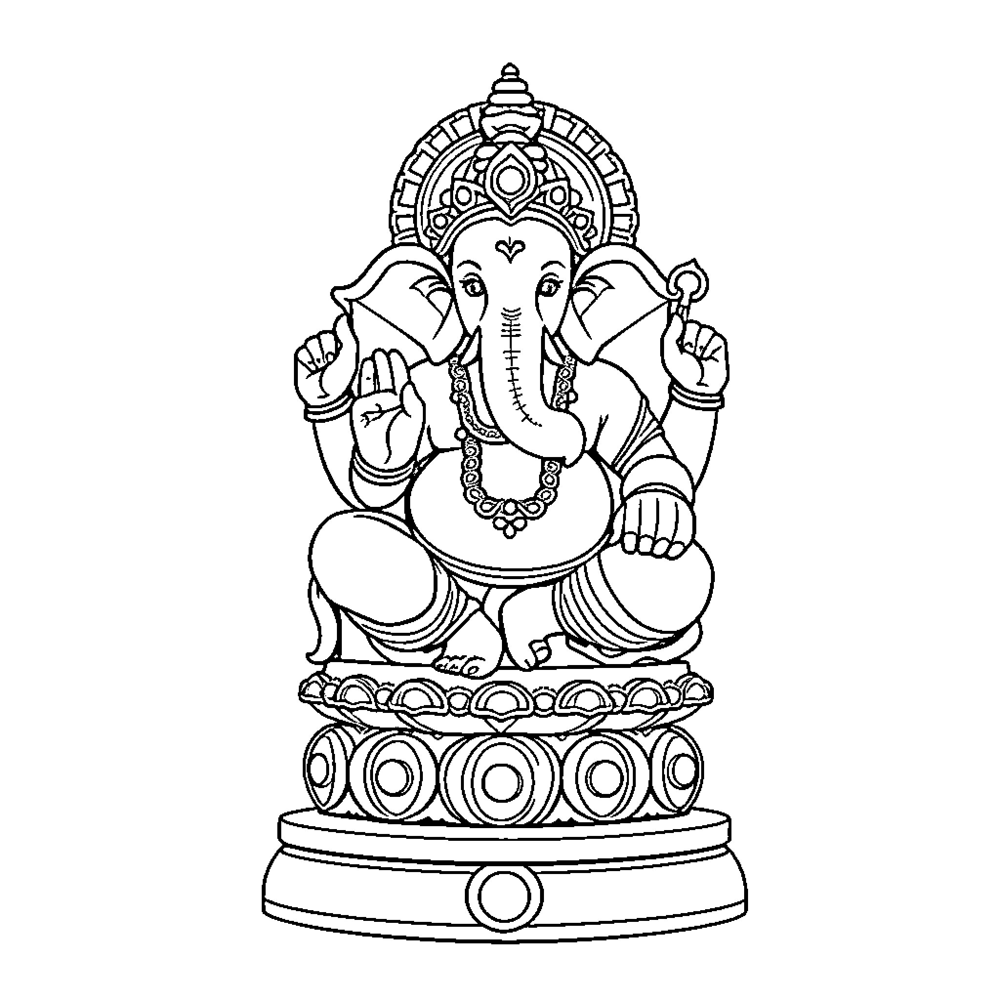 Ganesha Sitting on Ornate Throne Coloring Page (free black-and-white line drawing printable PDF for all, from beginners to advanced learners, including children, teens, adults, and seniors)