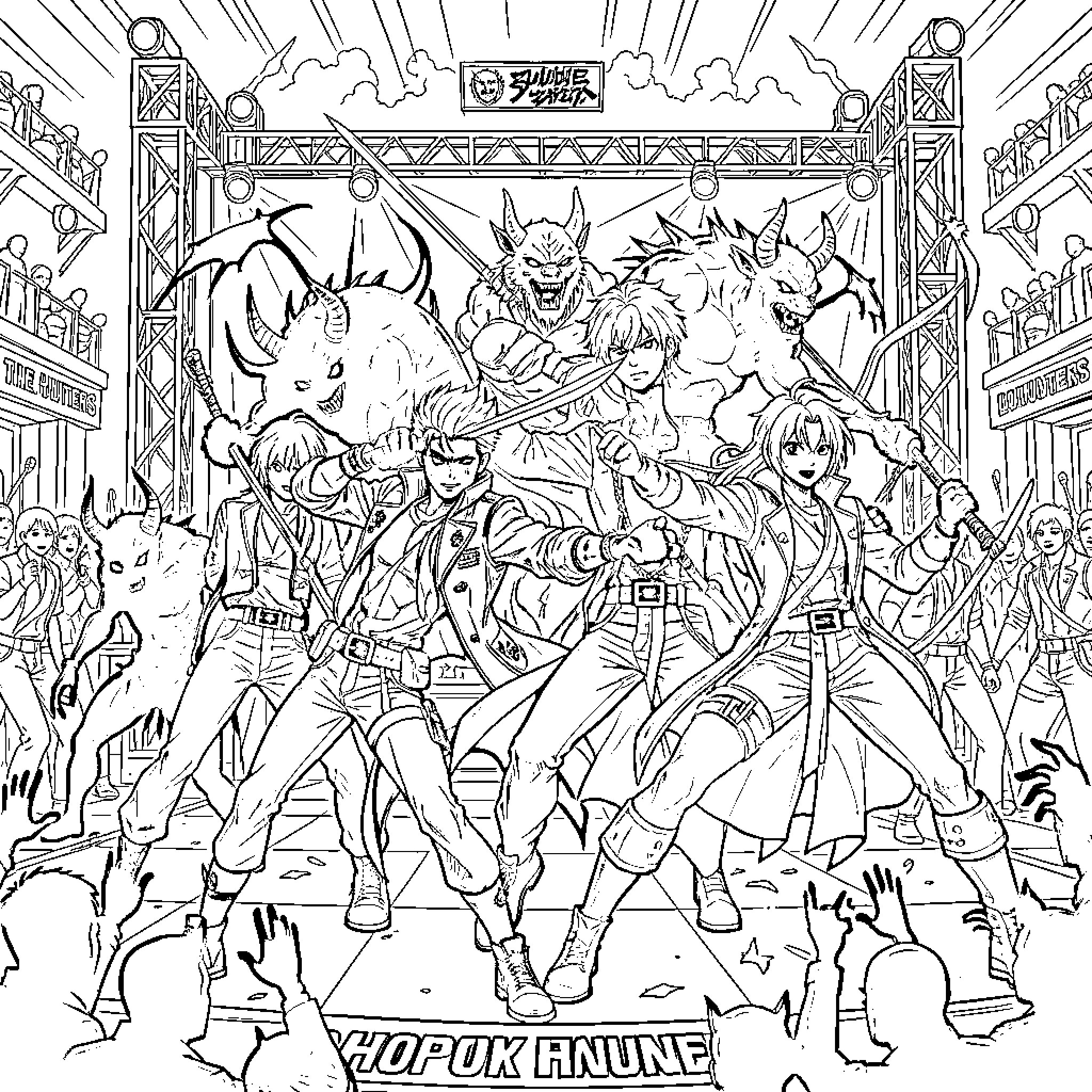 Kpop heroes in epic action scene Coloring Page (free black-and-white line drawing printable PDF for all, from beginners to advanced learners, including children, teens, adults, and seniors)