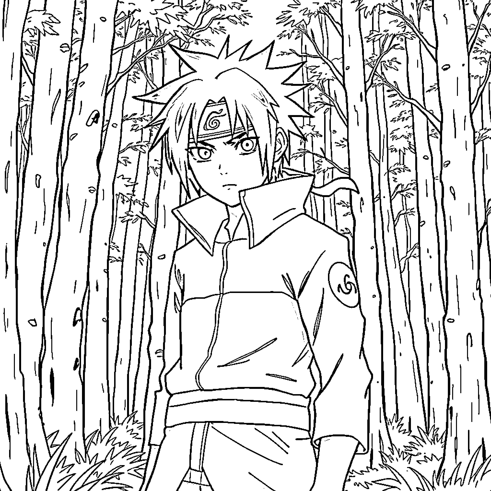 Obito Uchiha in pensive solitude within the forest Coloring Page (free black-and-white line drawing printable PDF for all, from beginners to advanced learners, including children, teens, adults, and seniors)