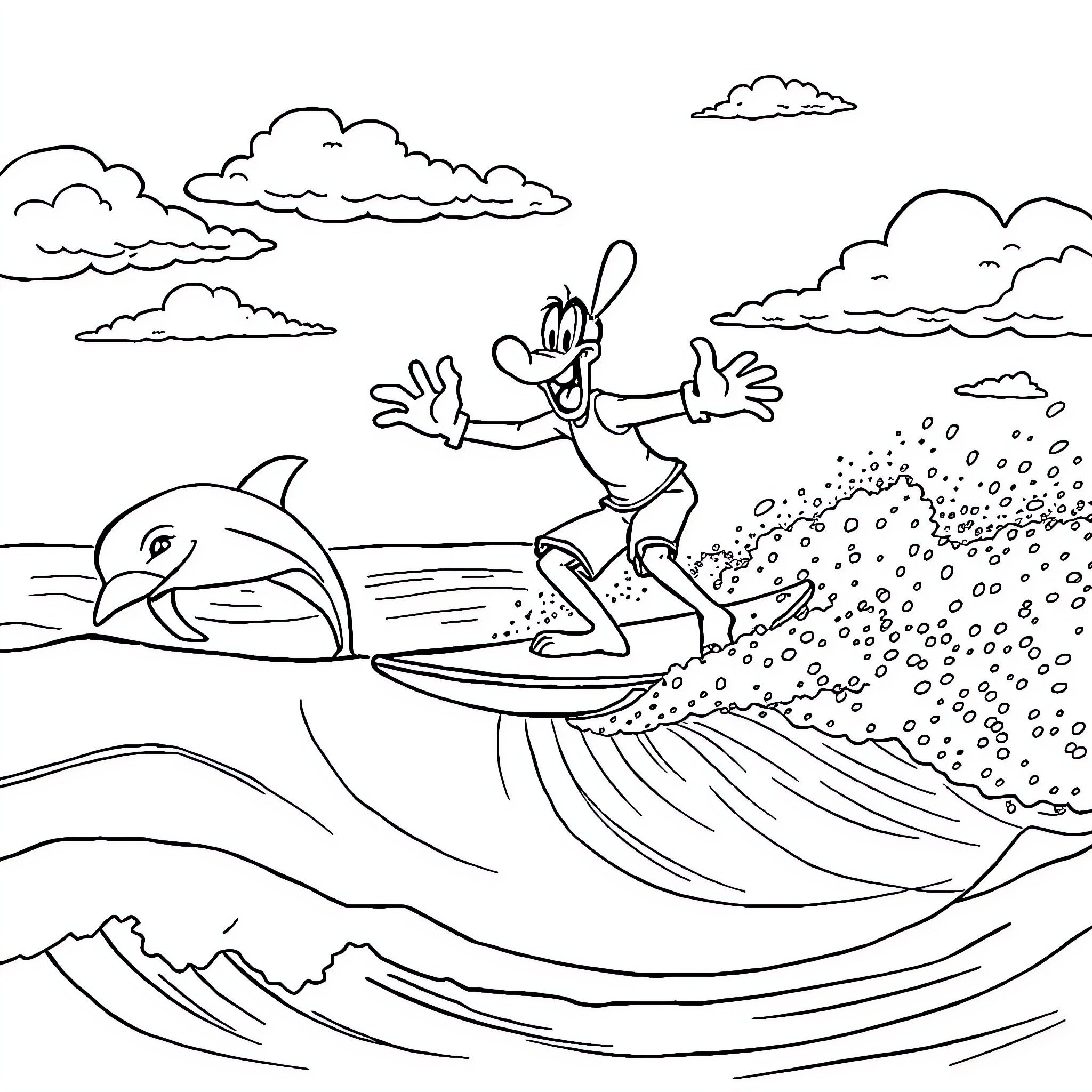 Goofy character surfing excitedly with a dolphin Coloring Page (free black-and-white line drawing printable PDF for all, from beginners to advanced learners, including children, teens, adults, and seniors)