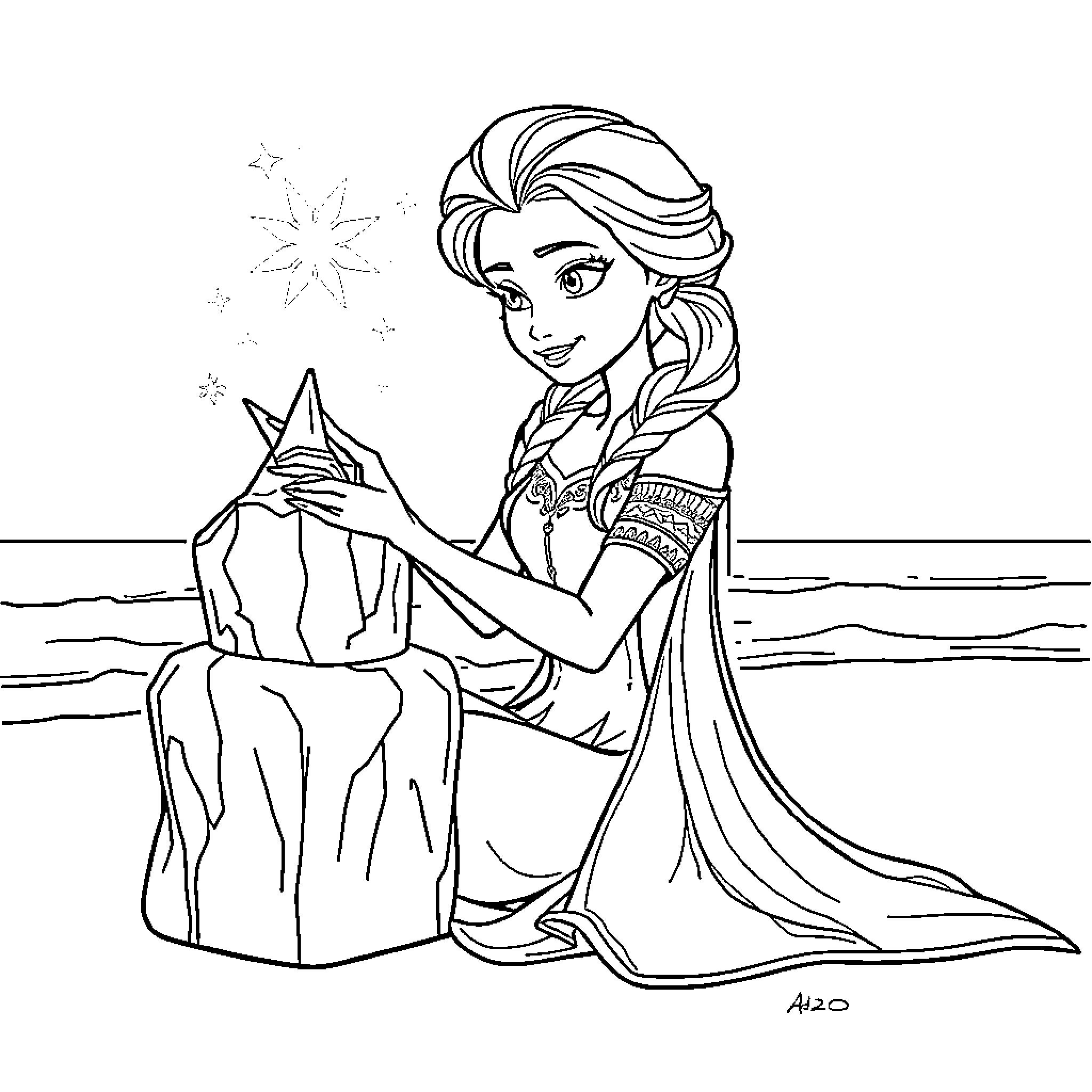 Elsa admiring a frozen snowflake Coloring Page (free black-and-white line drawing printable PDF for all, from beginners to advanced learners, including children, teens, adults, and seniors)