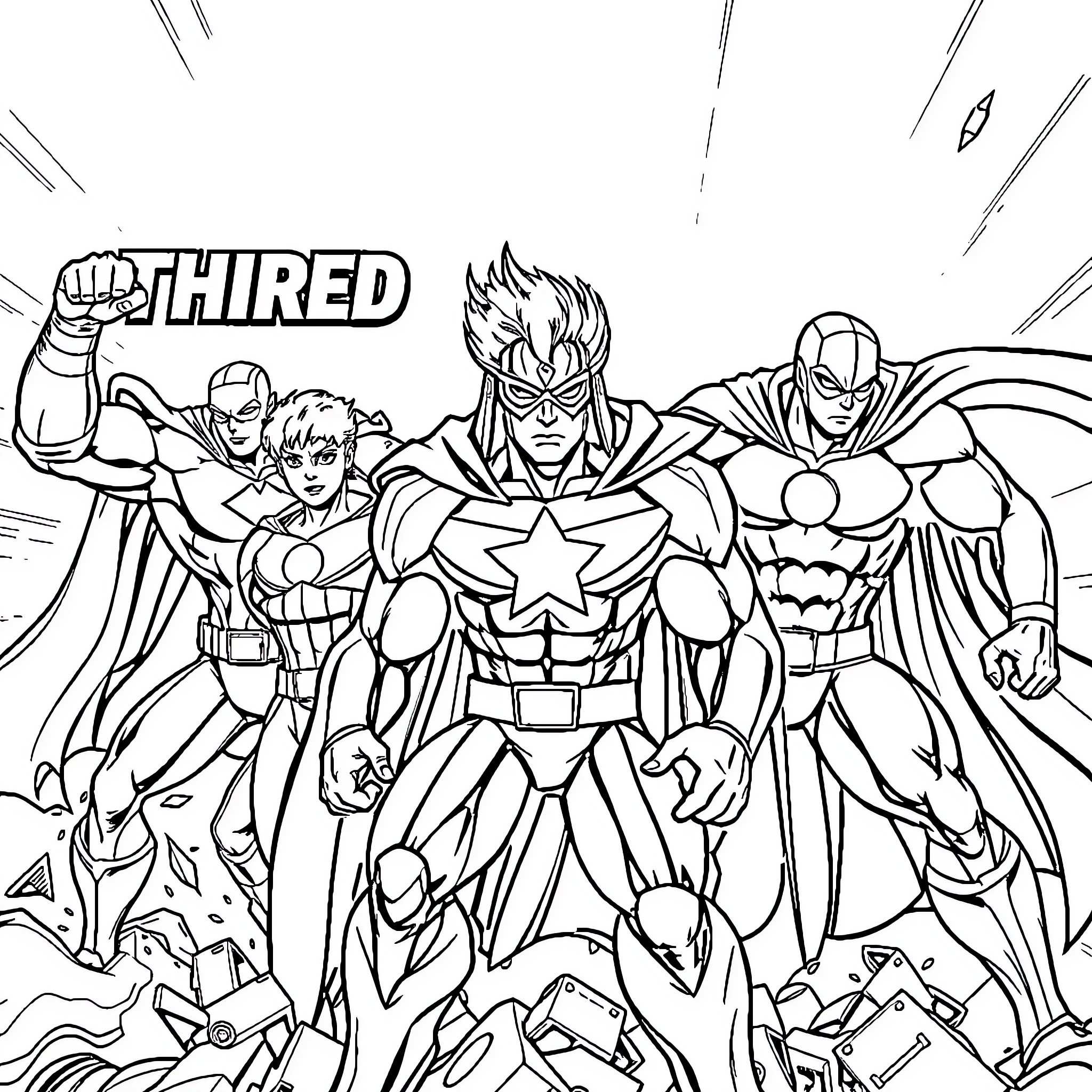 Superhero team in action-packed scene Coloring Page (free black-and-white line drawing printable PDF for all, from beginners to advanced learners, including children, teens, adults, and seniors)