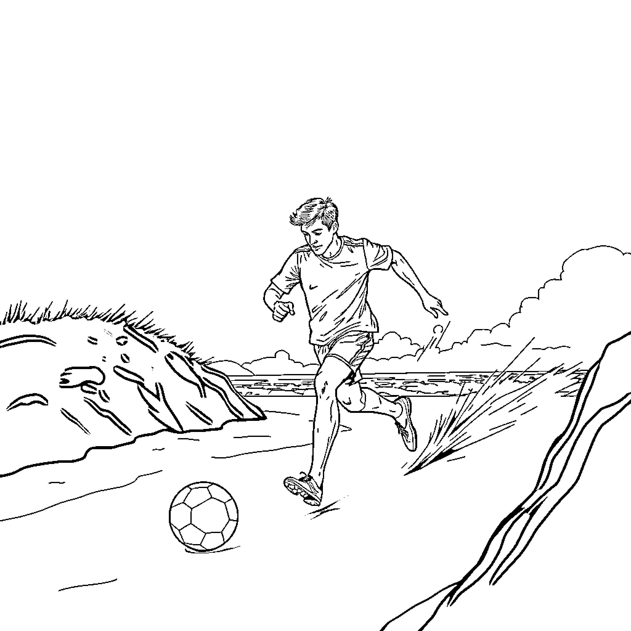 Football Player Running Enthusiastically on the Field Coloring Page (free black-and-white line drawing printable PDF for all, from beginners to advanced learners, including children, teens, adults, and seniors)