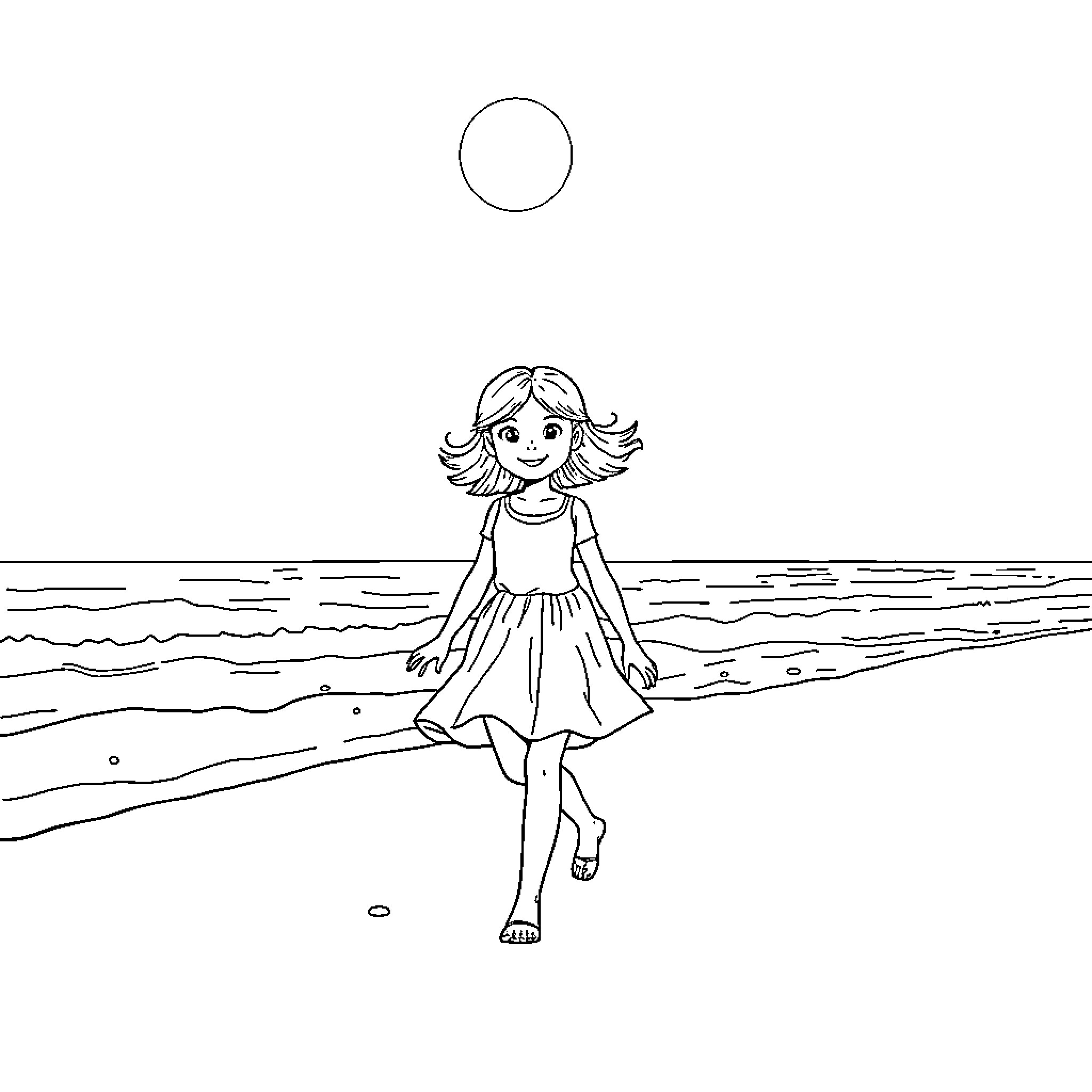 Girl walking barefoot along the beach Coloring Page (free black-and-white line drawing printable PDF for all, from beginners to advanced learners, including children, teens, adults, and seniors)