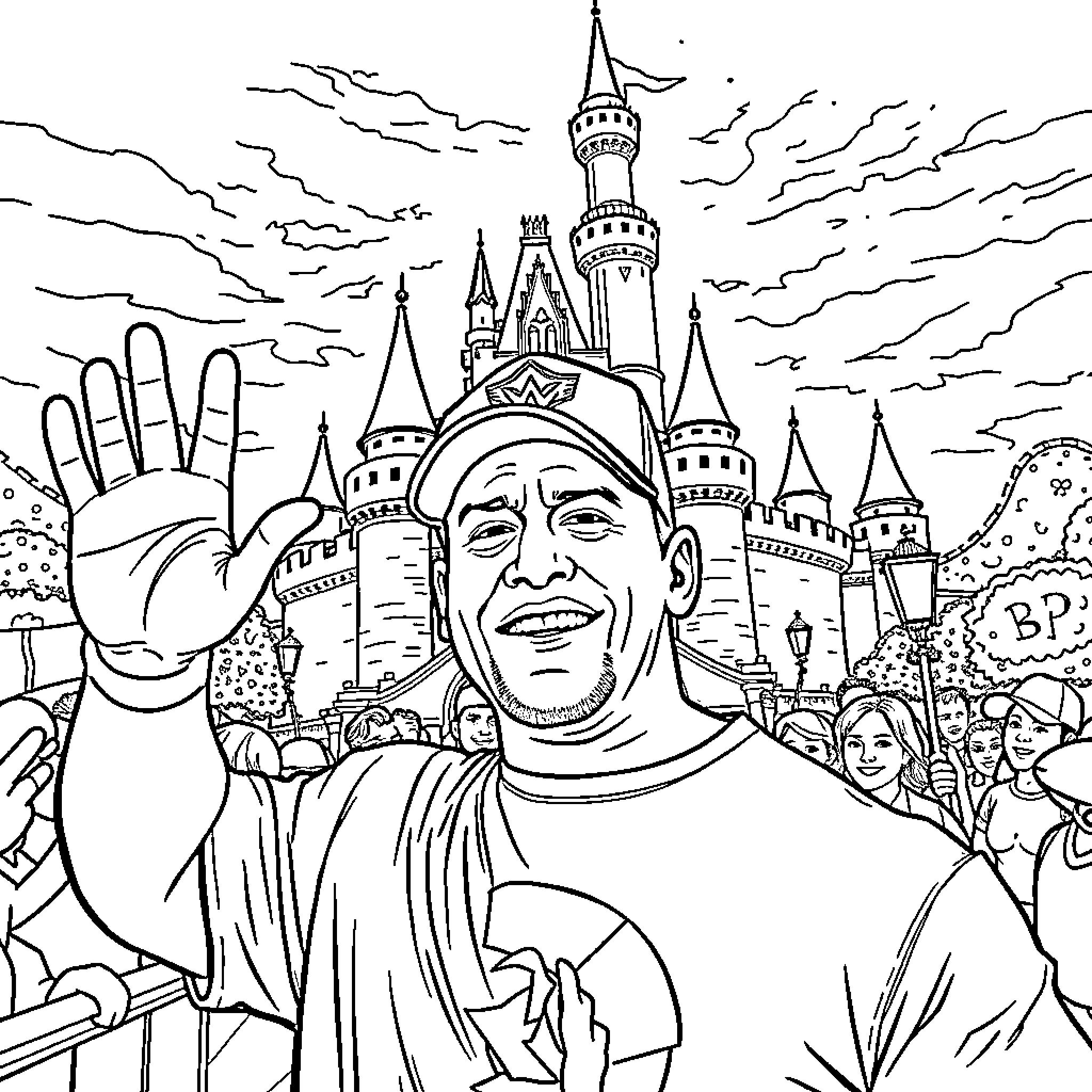 John Cena visiting a fantastical castle with enthusiastic crowds Coloring Page (free black-and-white line drawing printable PDF for all, from beginners to advanced learners, including children, teens, adults, and seniors)