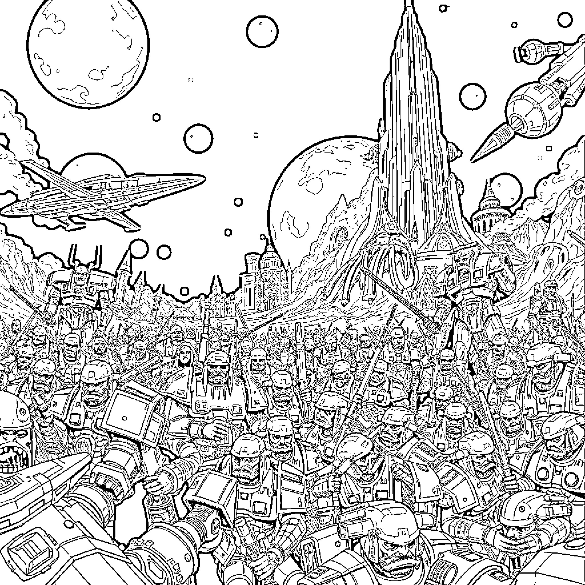 Warhammer Armies in Futuristic Otherworldly Landscape Coloring Page (free black-and-white line drawing printable PDF for all, from beginners to advanced learners, including children, teens, adults, and seniors)