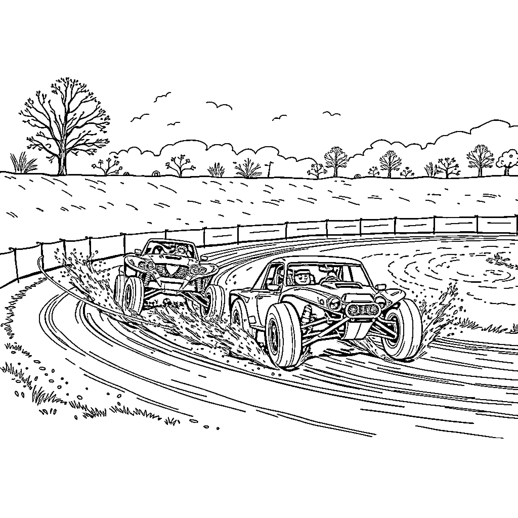 Dirt Track Racing: Thrilling Vehicles on Dusty Trails Coloring Page (free black-and-white line drawing printable PDF for all, from beginners to advanced learners, including children, teens, adults, and seniors)