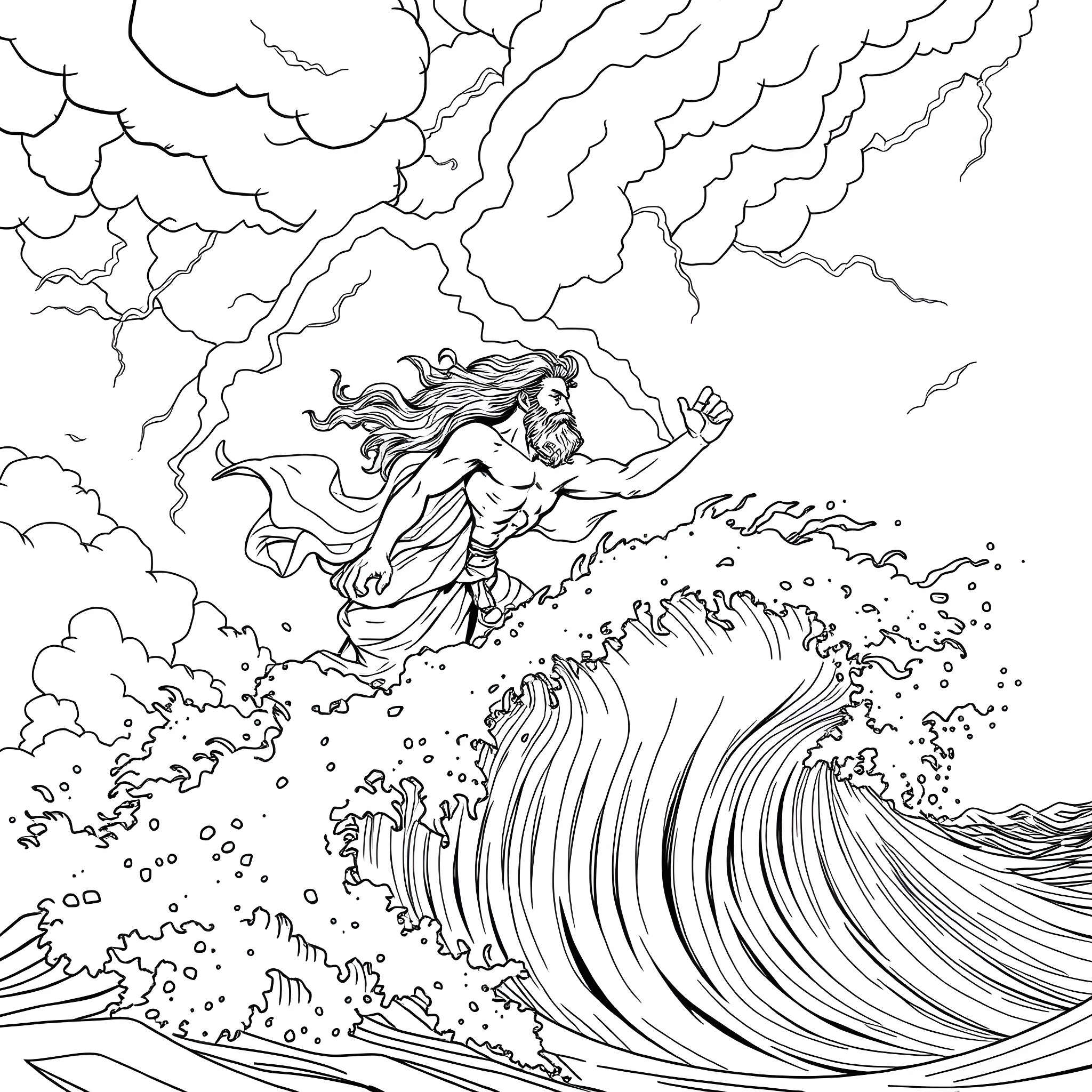 Zeus commanding the waves and storms Coloring Page (free black-and-white line drawing printable PDF for all, from beginners to advanced learners, including children, teens, adults, and seniors)