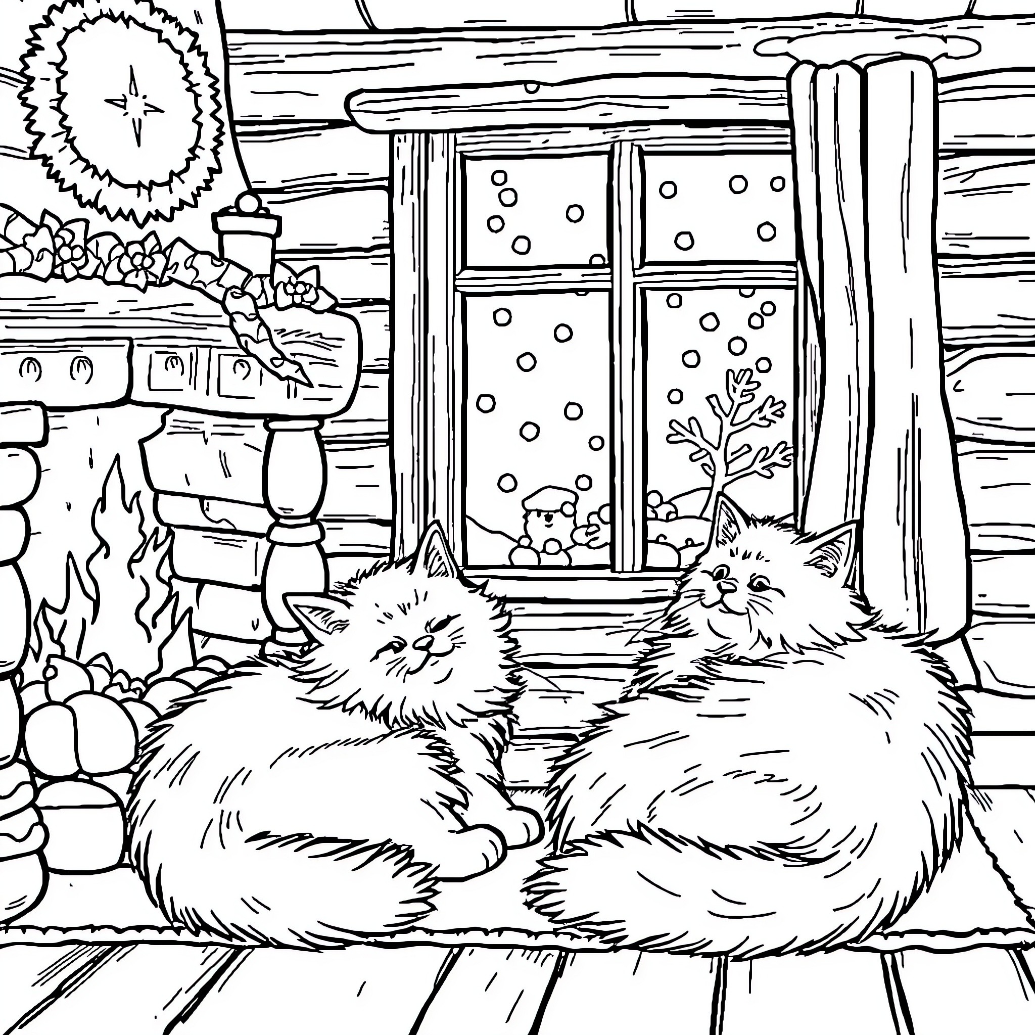 Cats keeping warm by the fireplace Coloring Page (free black-and-white line drawing printable PDF for all, from beginners to advanced learners, including children, teens, adults, and seniors)
