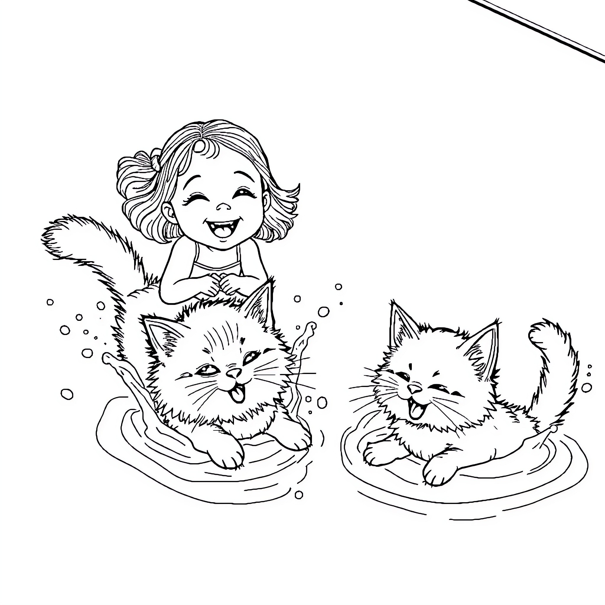 Cat enjoying bath time with happy girl Coloring Page (free black-and-white line drawing printable PDF for all, from beginners to advanced learners, including children, teens, adults, and seniors)