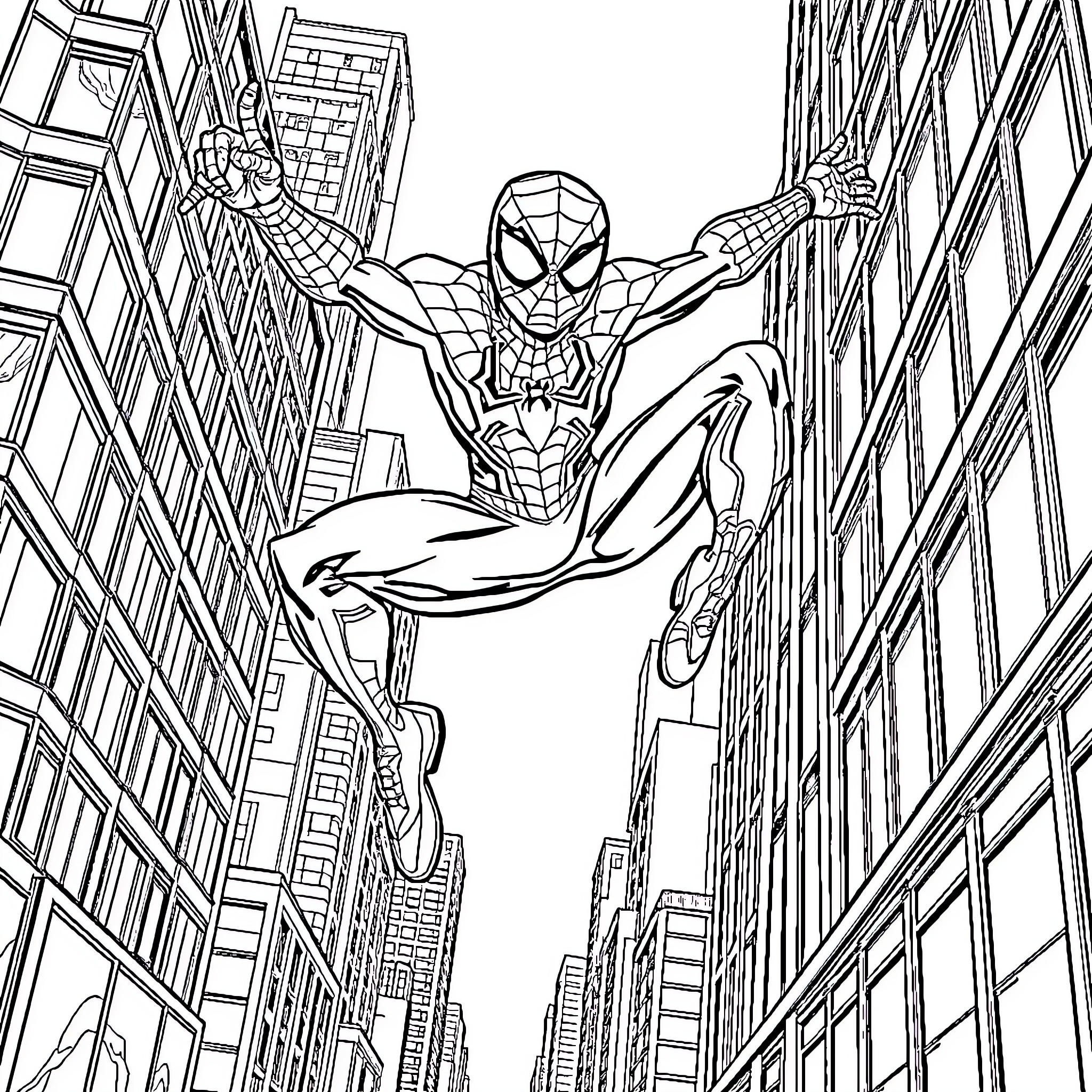 Spidey swinging through the city skyline Coloring Page (free black-and-white line drawing printable PDF for all, from beginners to advanced learners, including children, teens, adults, and seniors)