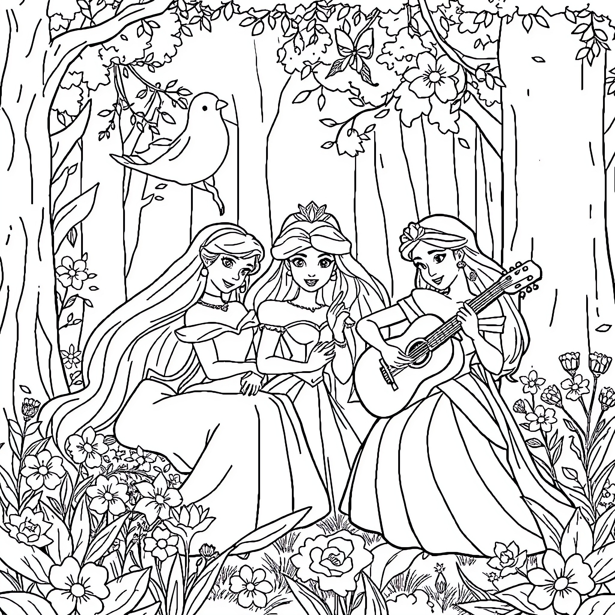Disney Princess Singing and Playing Music in a Floral Forest Coloring Page (free black-and-white line drawing printable PDF for all, from beginners to advanced learners, including children, teens, adults, and seniors)