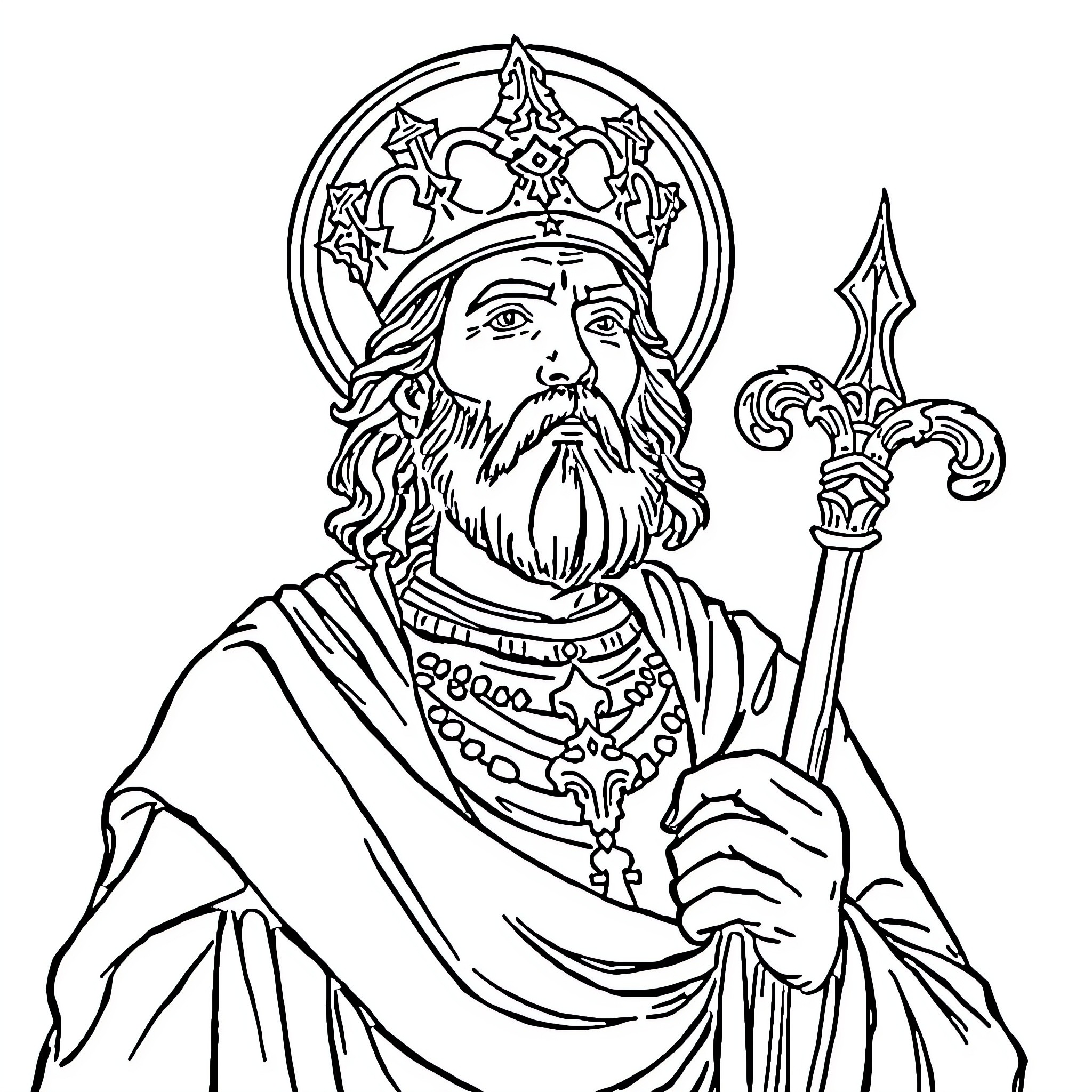 St Carlo Actutis in Ceremonial Robes Holding a Scepter Coloring Page (free black-and-white line drawing printable PDF for all, from beginners to advanced learners, including children, teens, adults, and seniors)